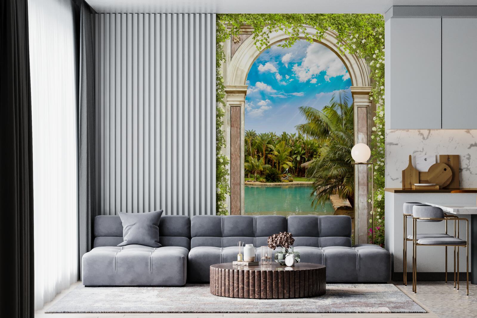 Фотошпалери вид на воду і пальми через арку