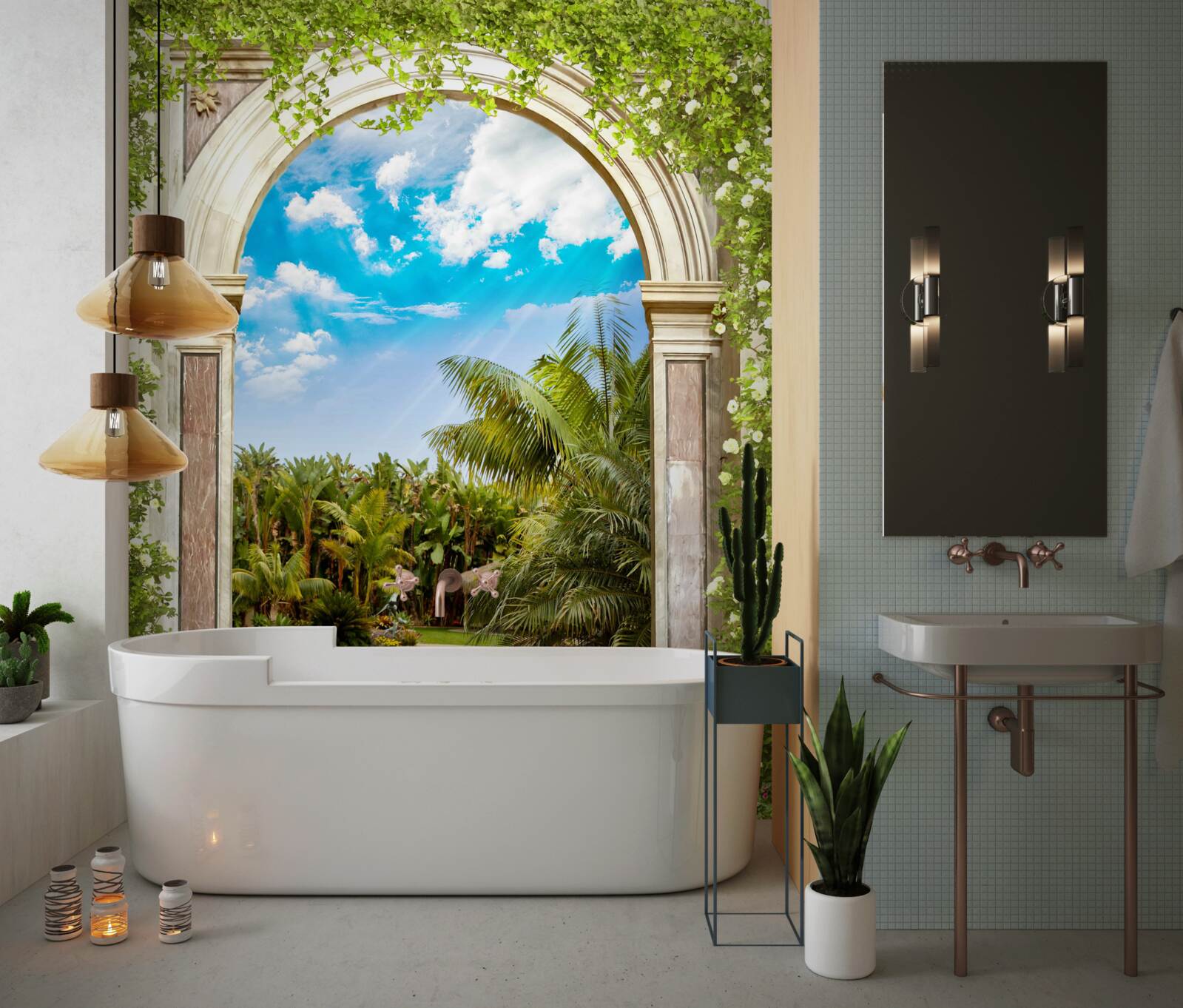 Фотошпалери вид на воду і пальми через арку