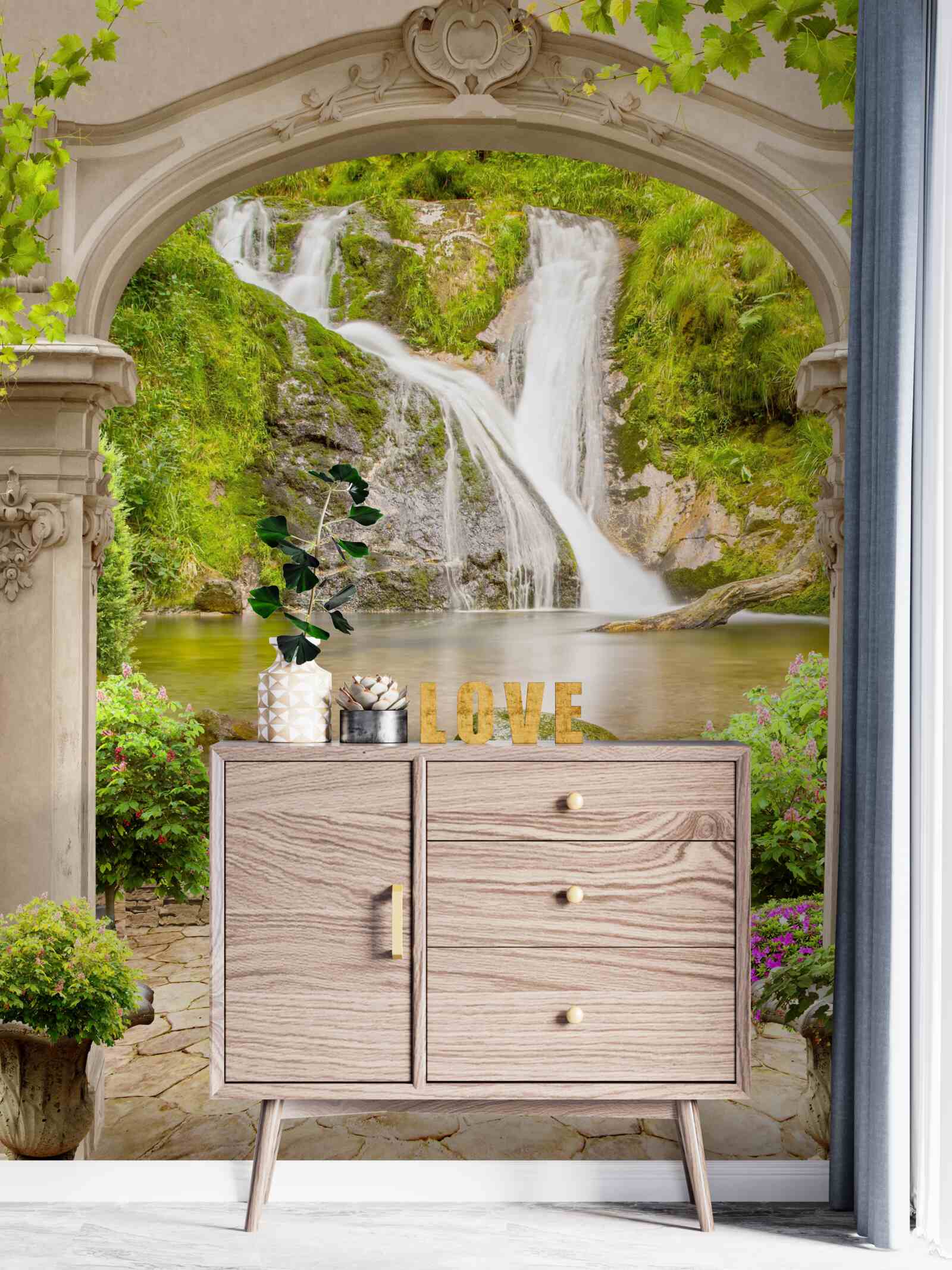 Фотошпалери прохід під аркою до водоспаду