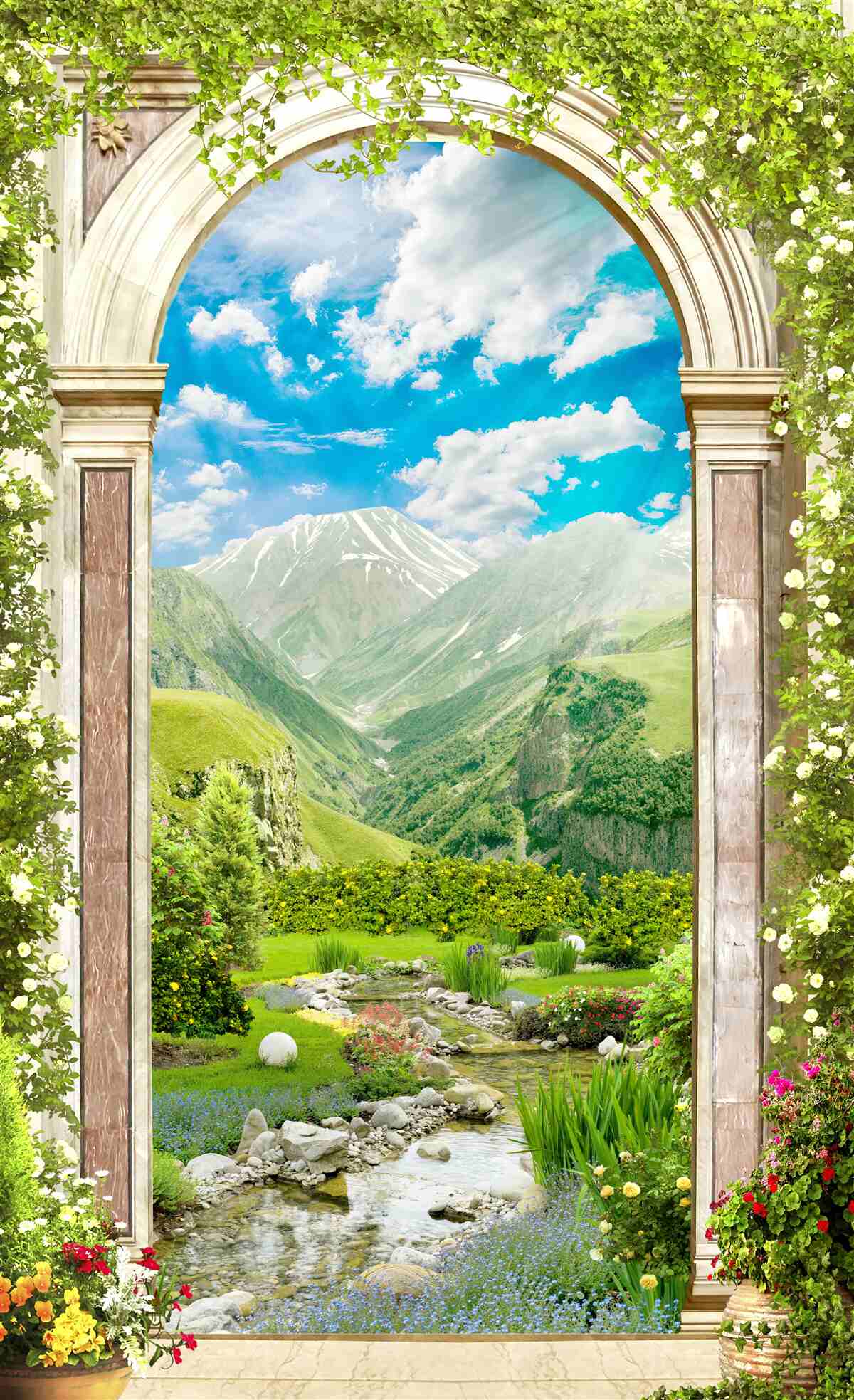 Фотошпалери арка з видом на річку та гори