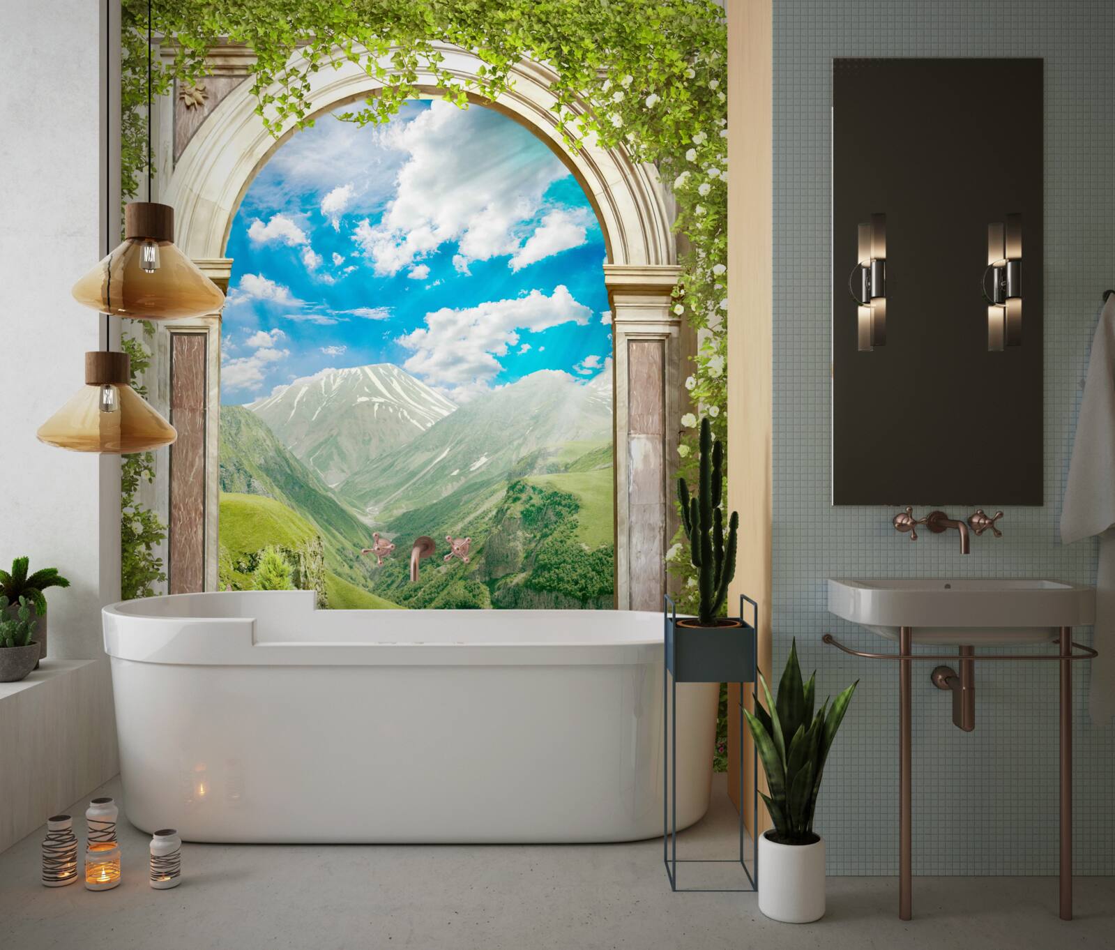 Фотошпалери арка з видом на річку та гори