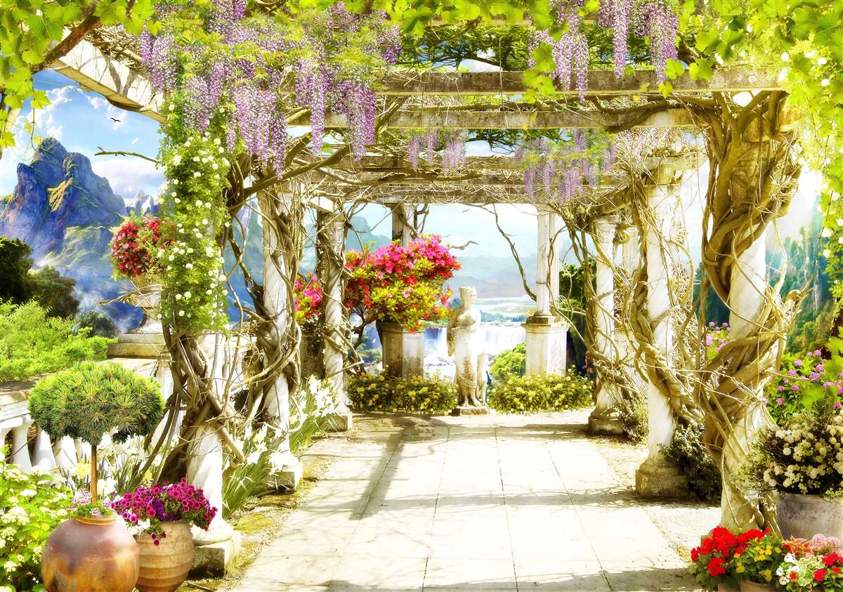 Фотошпалери грецька тераса, що потопає у квітах