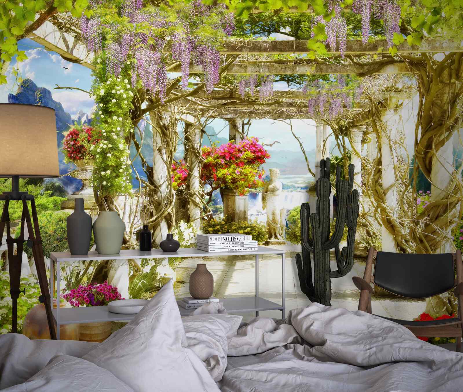 Фотошпалери грецька тераса, що потопає у квітах