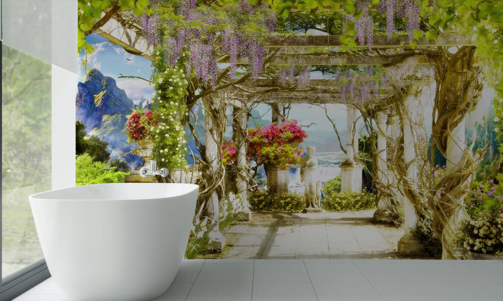 Фотошпалери грецька тераса, що потопає у квітах