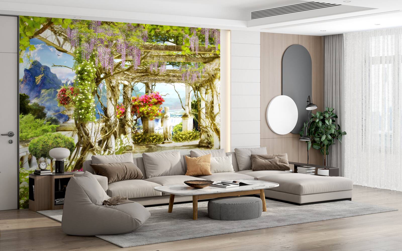 Фотошпалери грецька тераса, що потопає у квітах