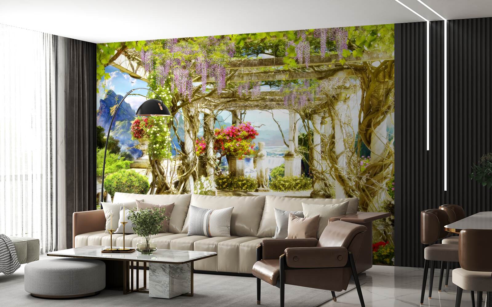 Фотошпалери грецька тераса, що потопає у квітах