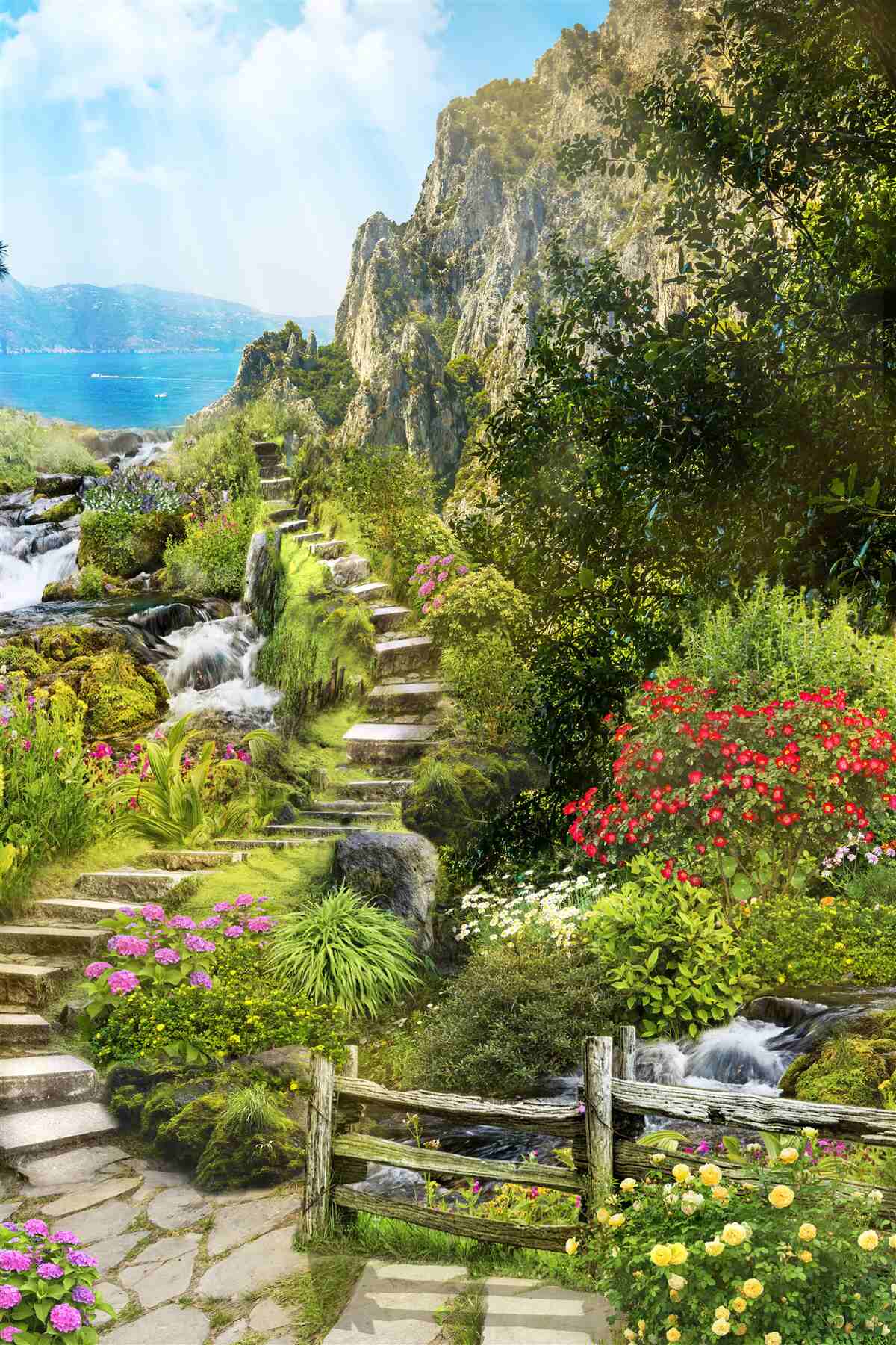 Фотошпалери сад з видом на море