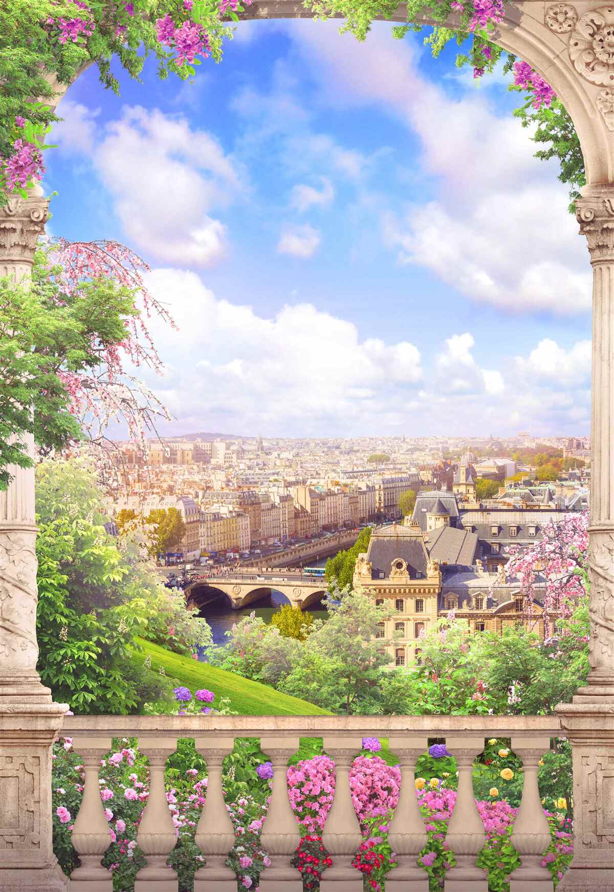 Фотошпалери панорама міста з квітучого балкона