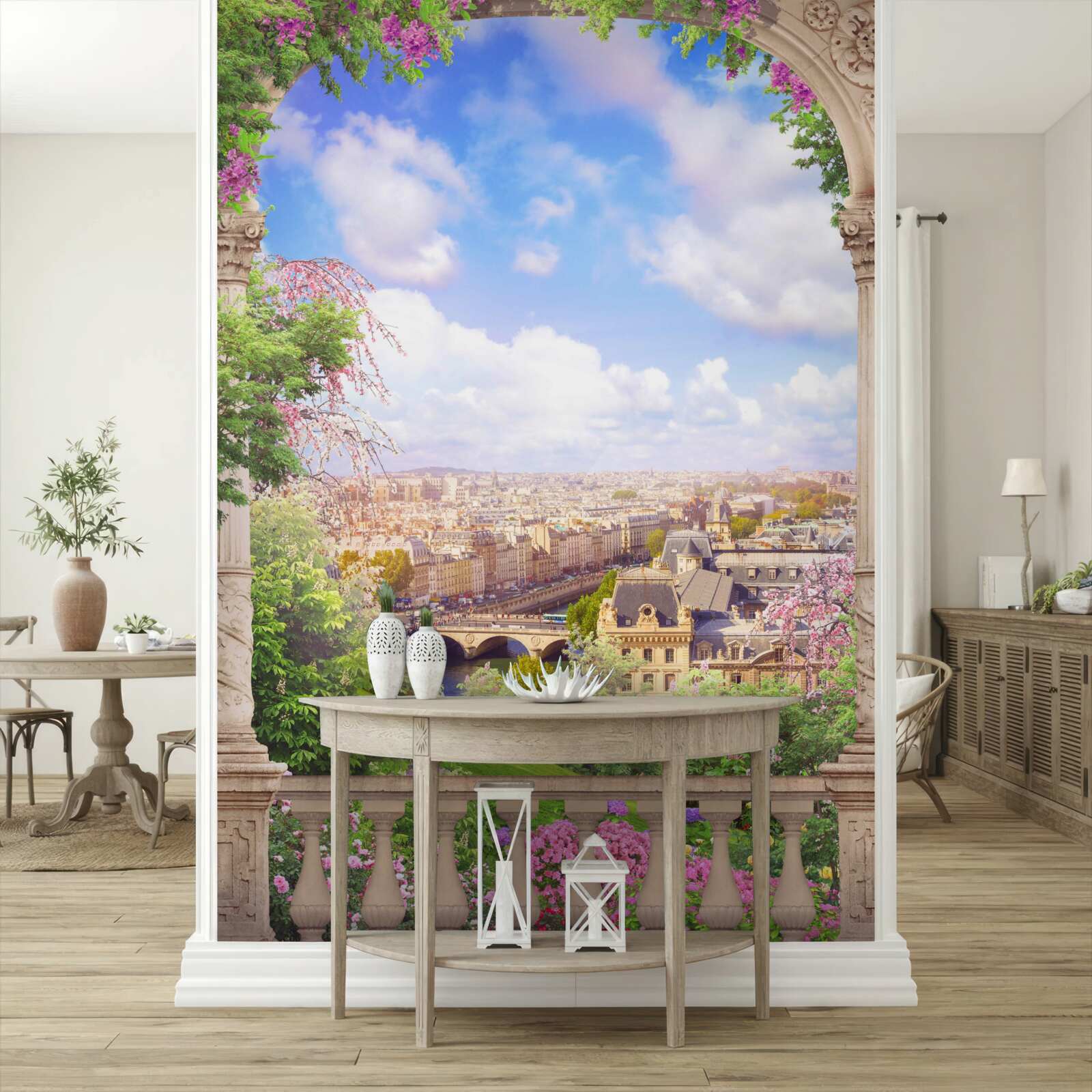 Фотошпалери панорама міста з квітучого балкона