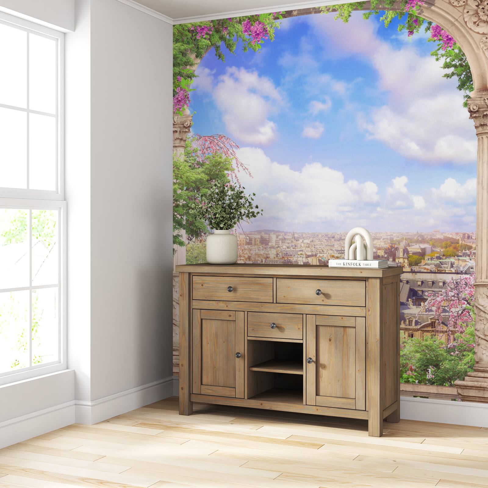 Фотошпалери панорама міста з квітучого балкона