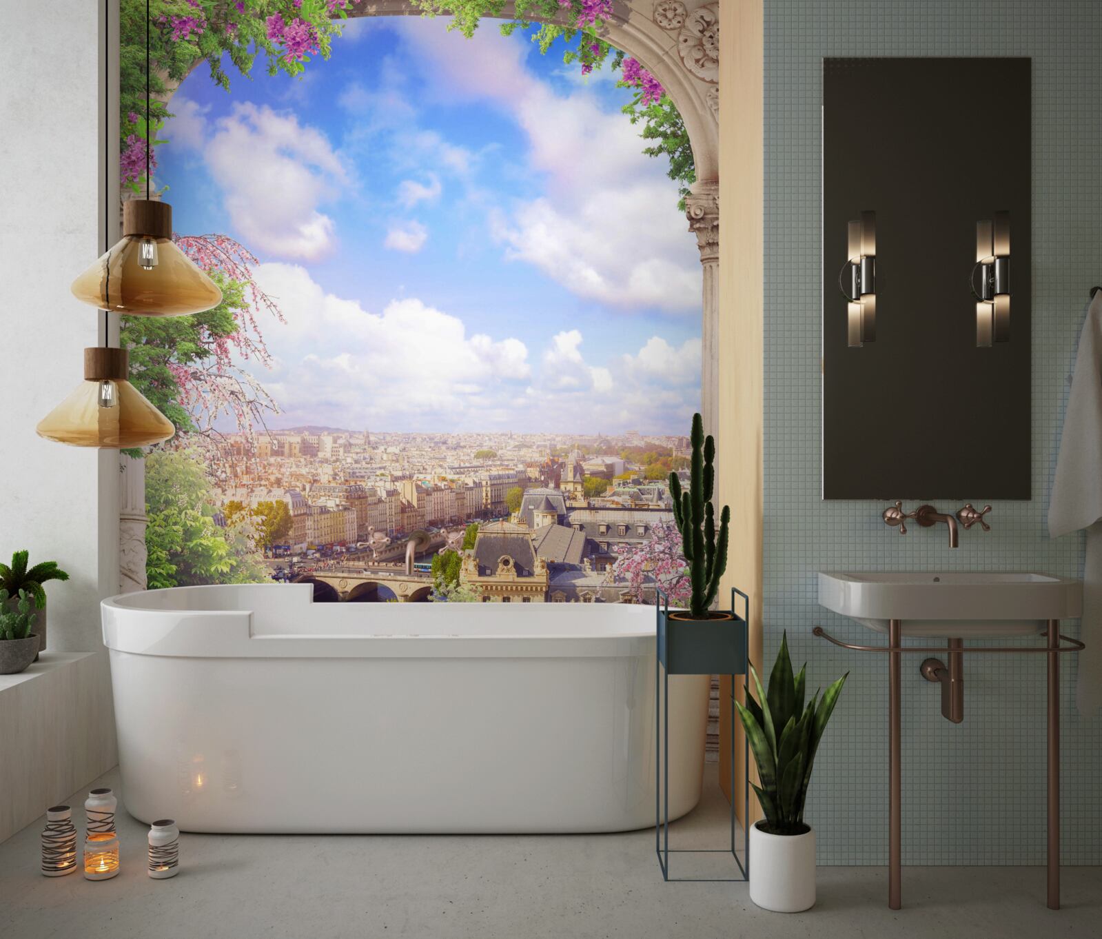 Фотошпалери панорама міста з квітучого балкона