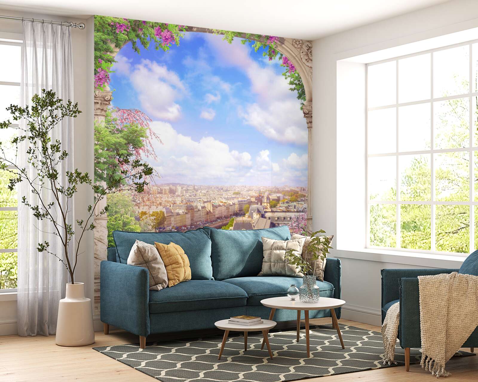 Фотошпалери панорама міста з квітучого балкона