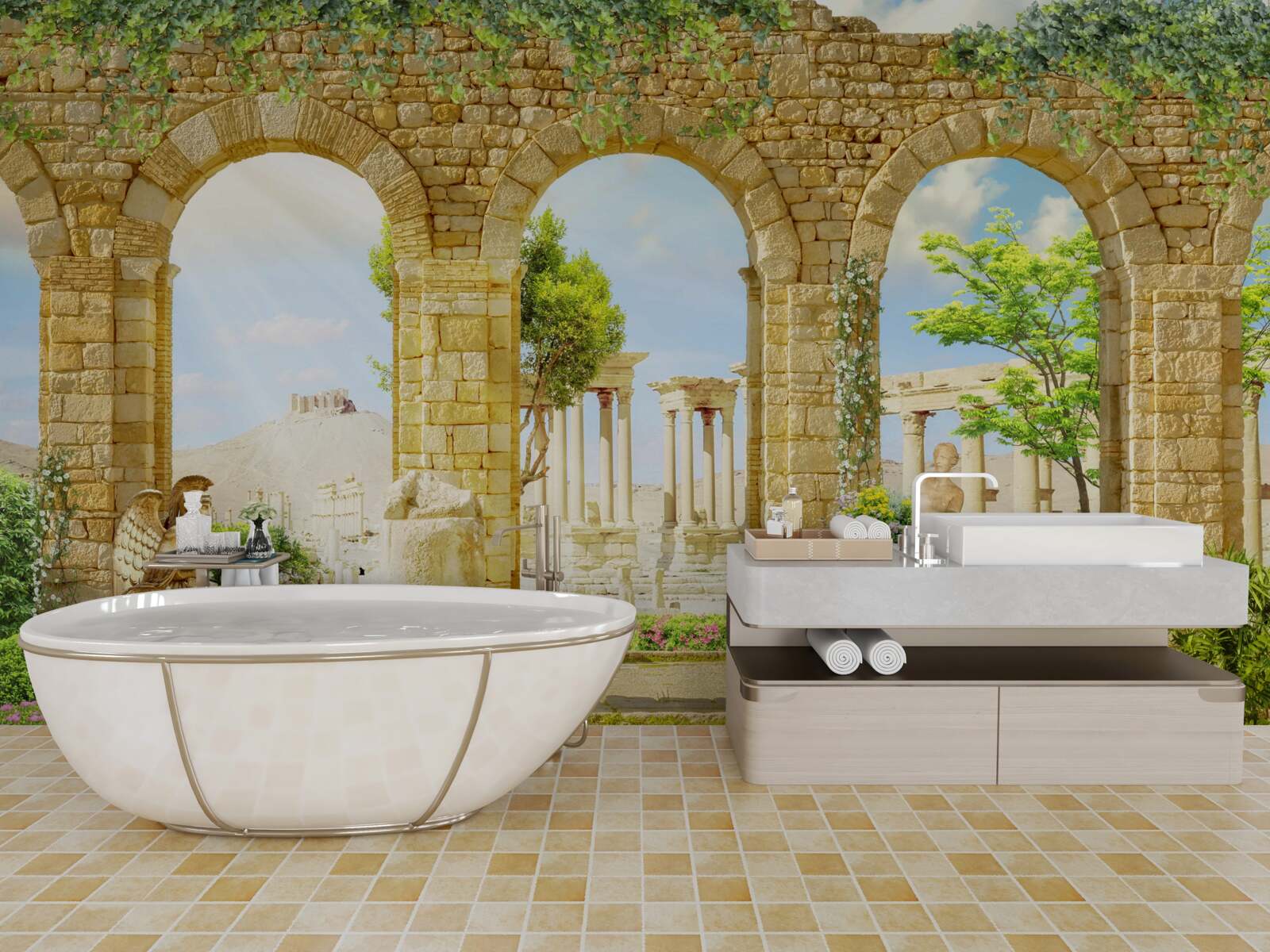 Фотошпалери античні форми в оточенні зелені