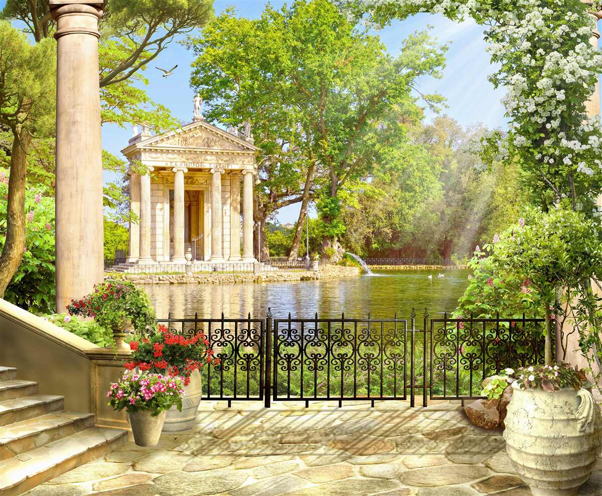 Фотошпалери панорама на озеро та альтанку