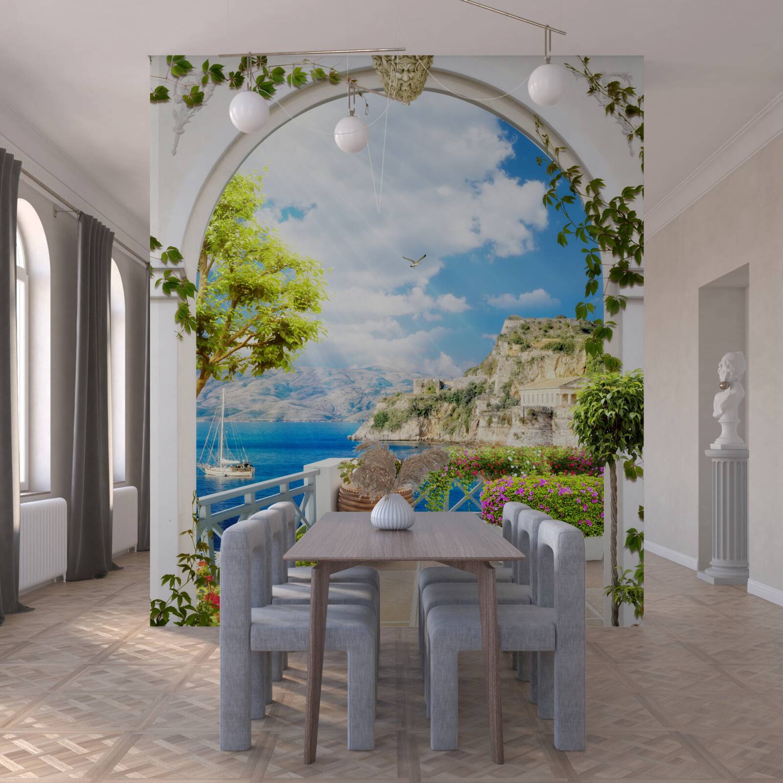 Фотошпалери вікно з видом на гори і море