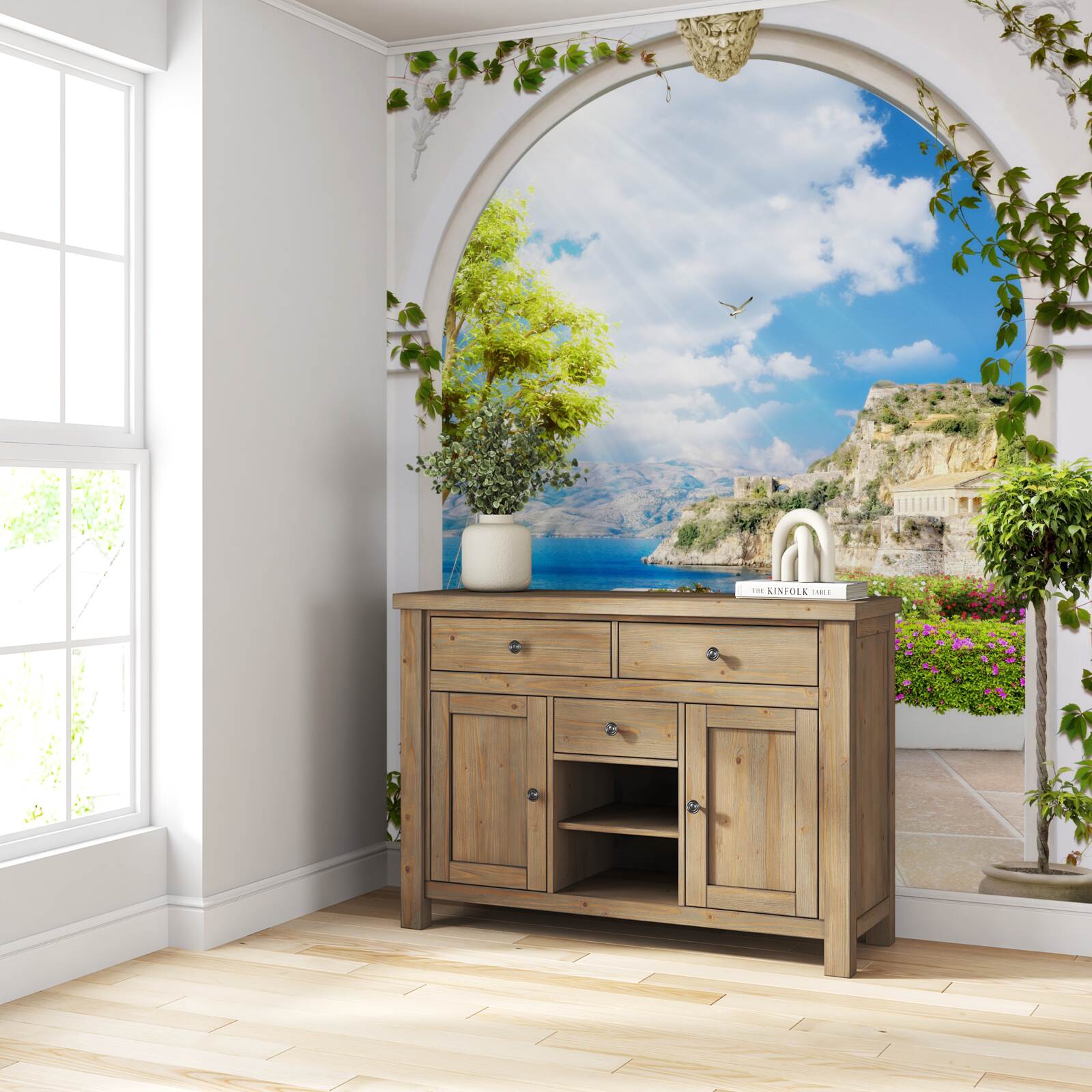 Фотошпалери вікно з видом на гори і море