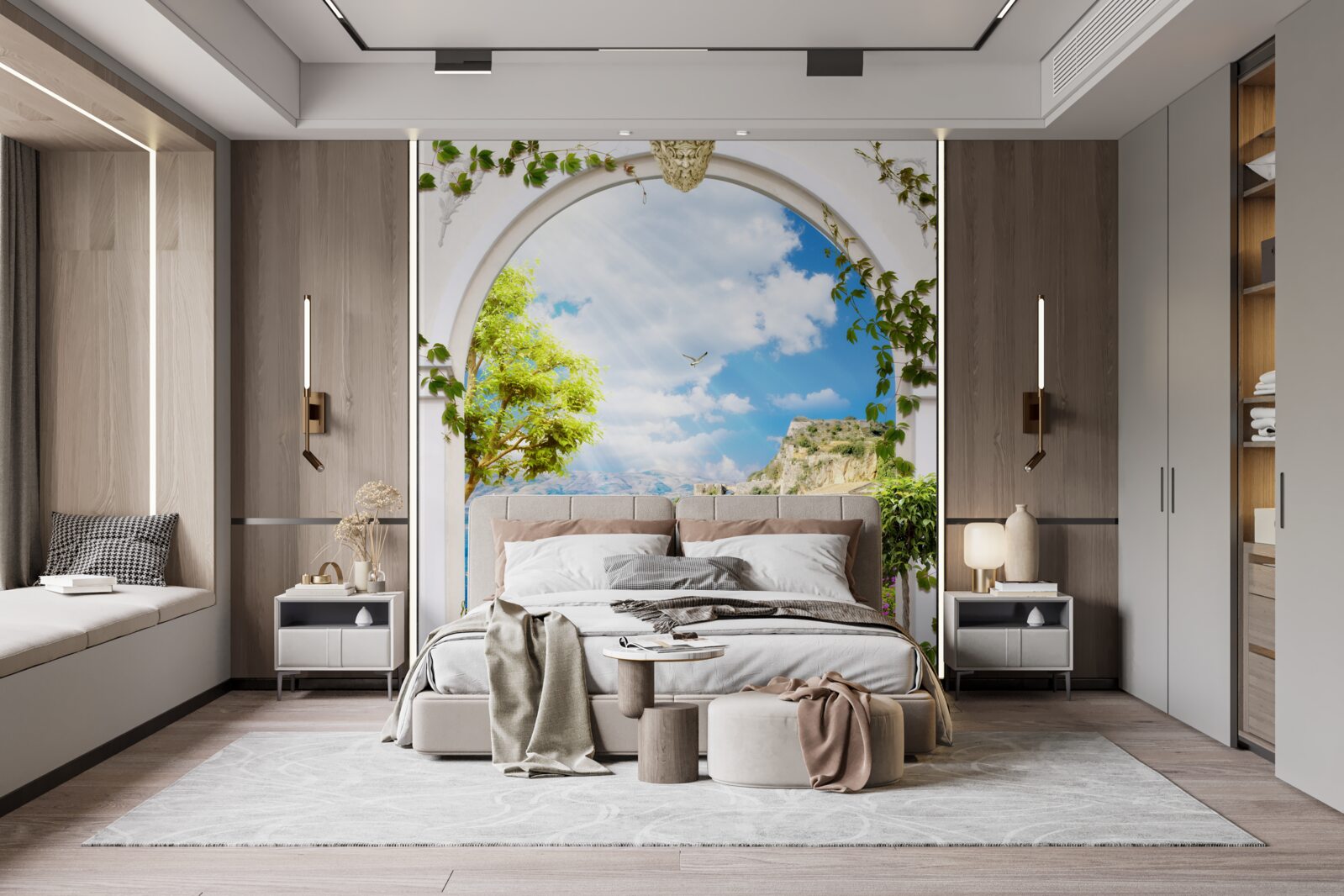 Фотошпалери вікно з видом на гори і море