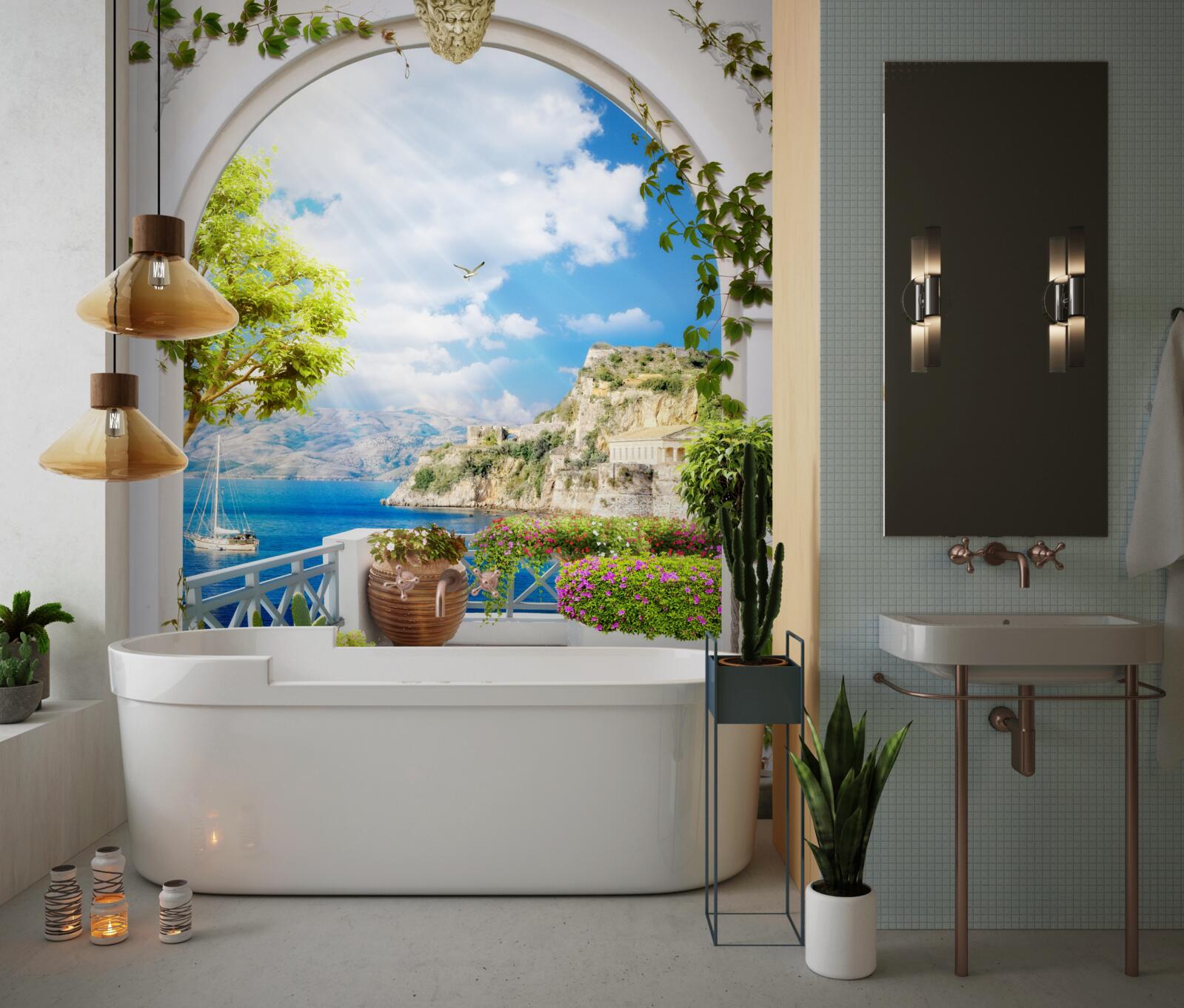 Фотошпалери вікно з видом на гори і море