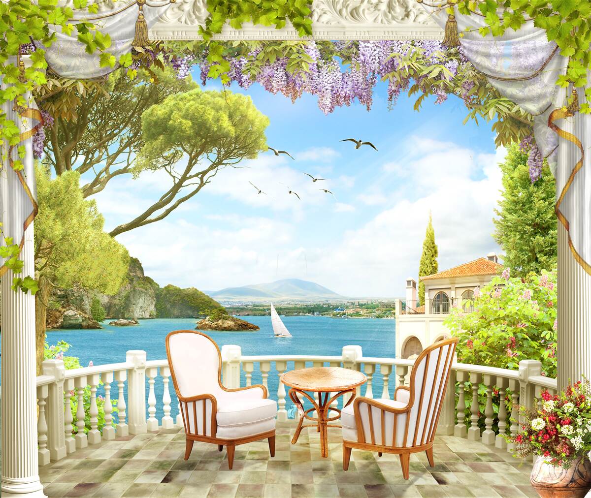 Фотошпалери пара стільців зі столом і видом на океан