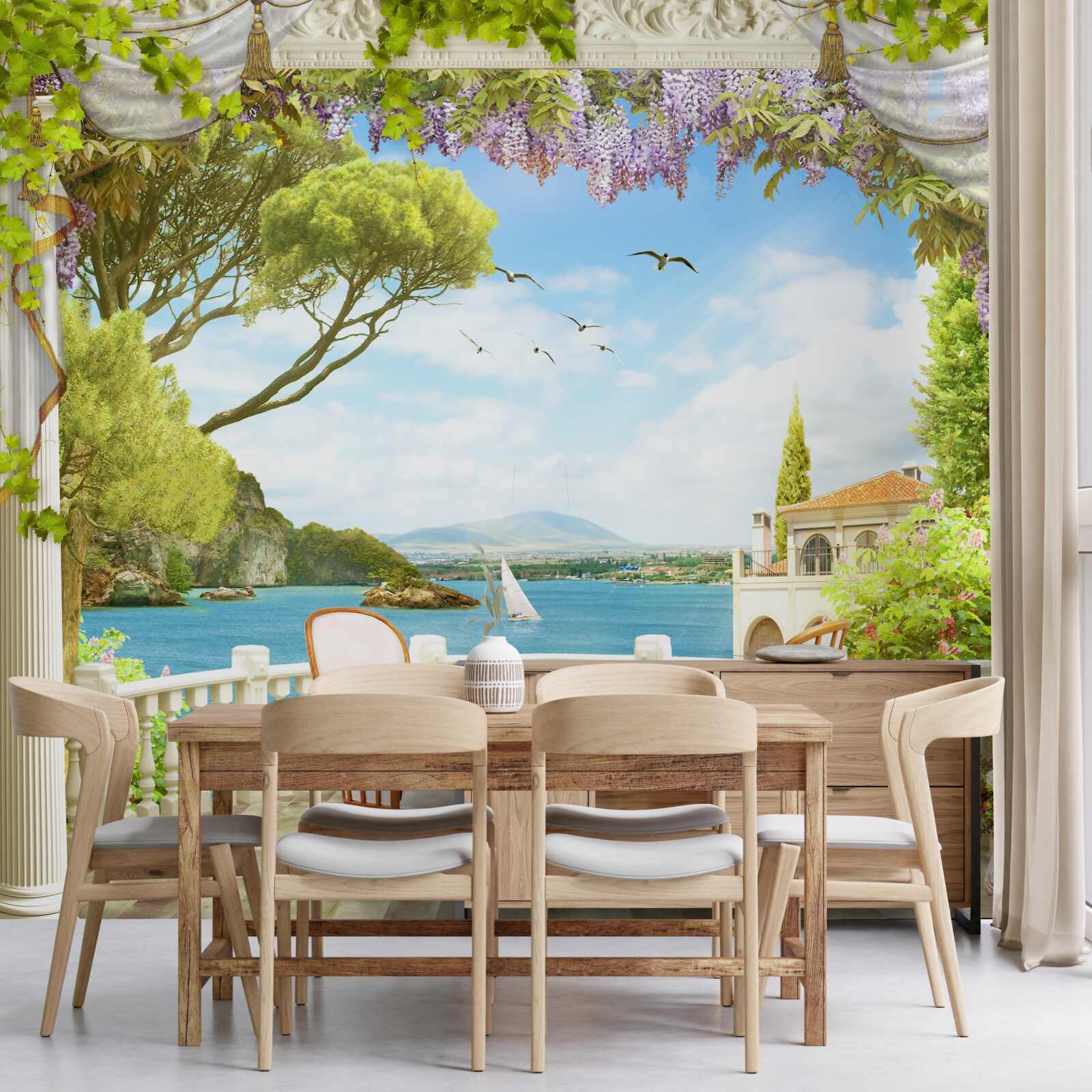 Фотошпалери пара стільців зі столом і видом на океан