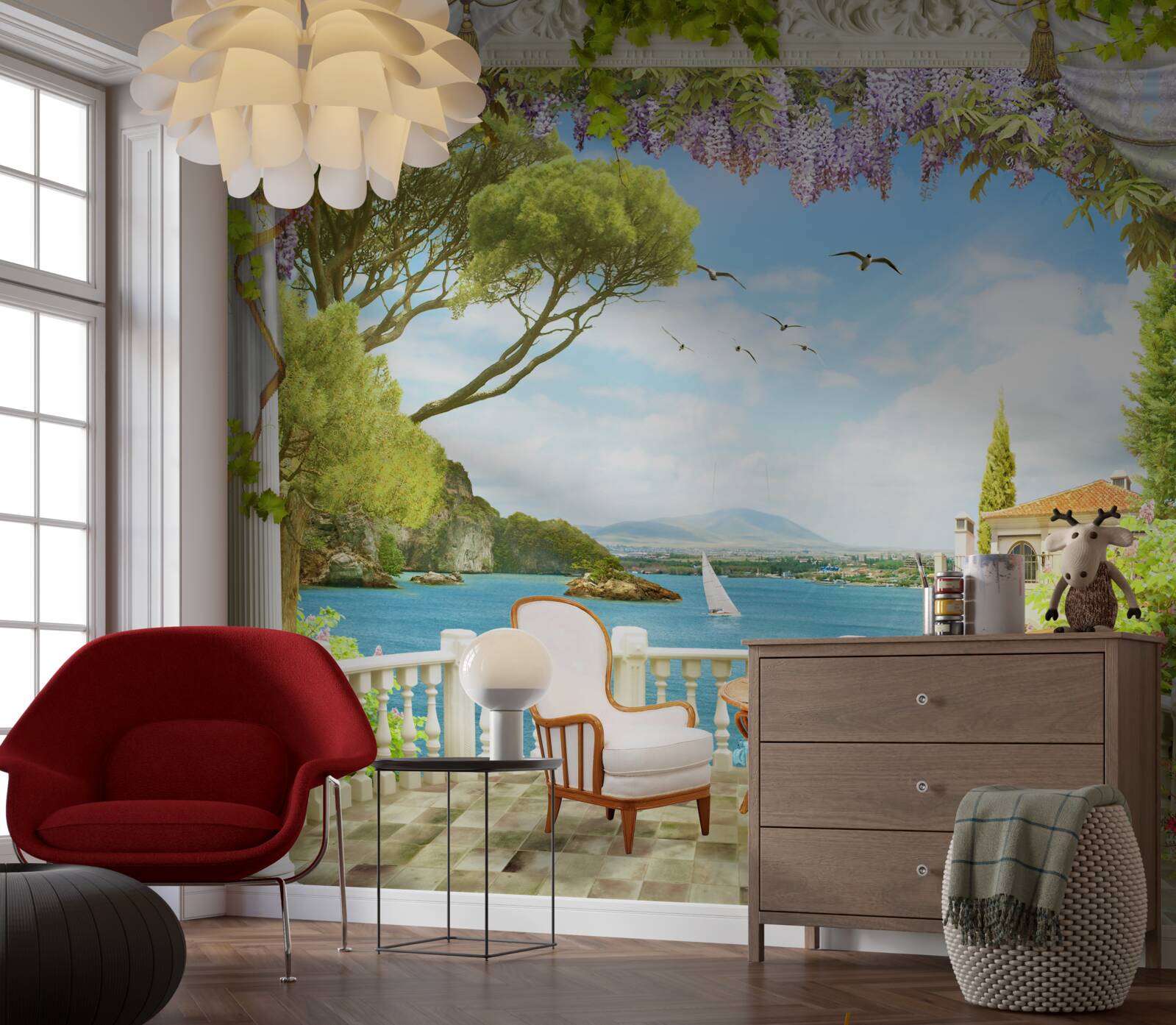 Фотошпалери пара стільців зі столом і видом на океан