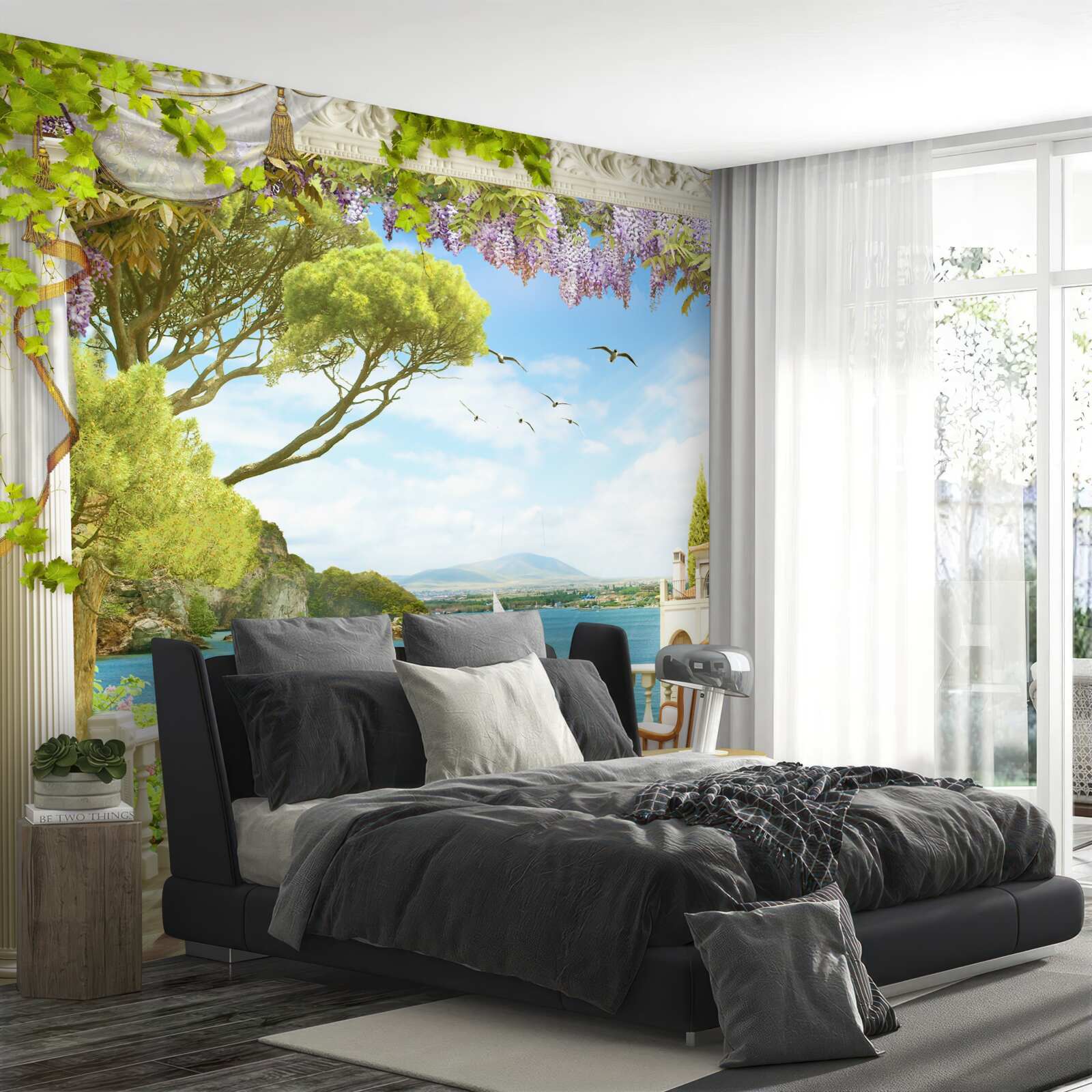 Фотошпалери пара стільців зі столом і видом на океан