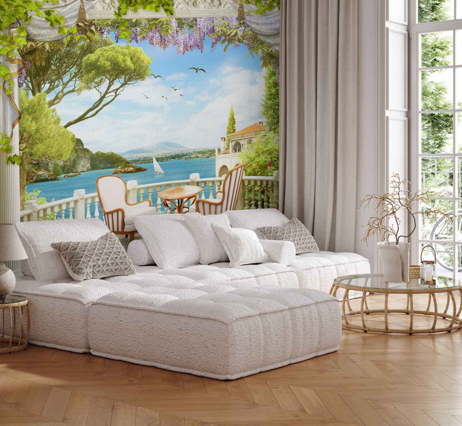 Фотошпалери пара стільців зі столом і видом на океан