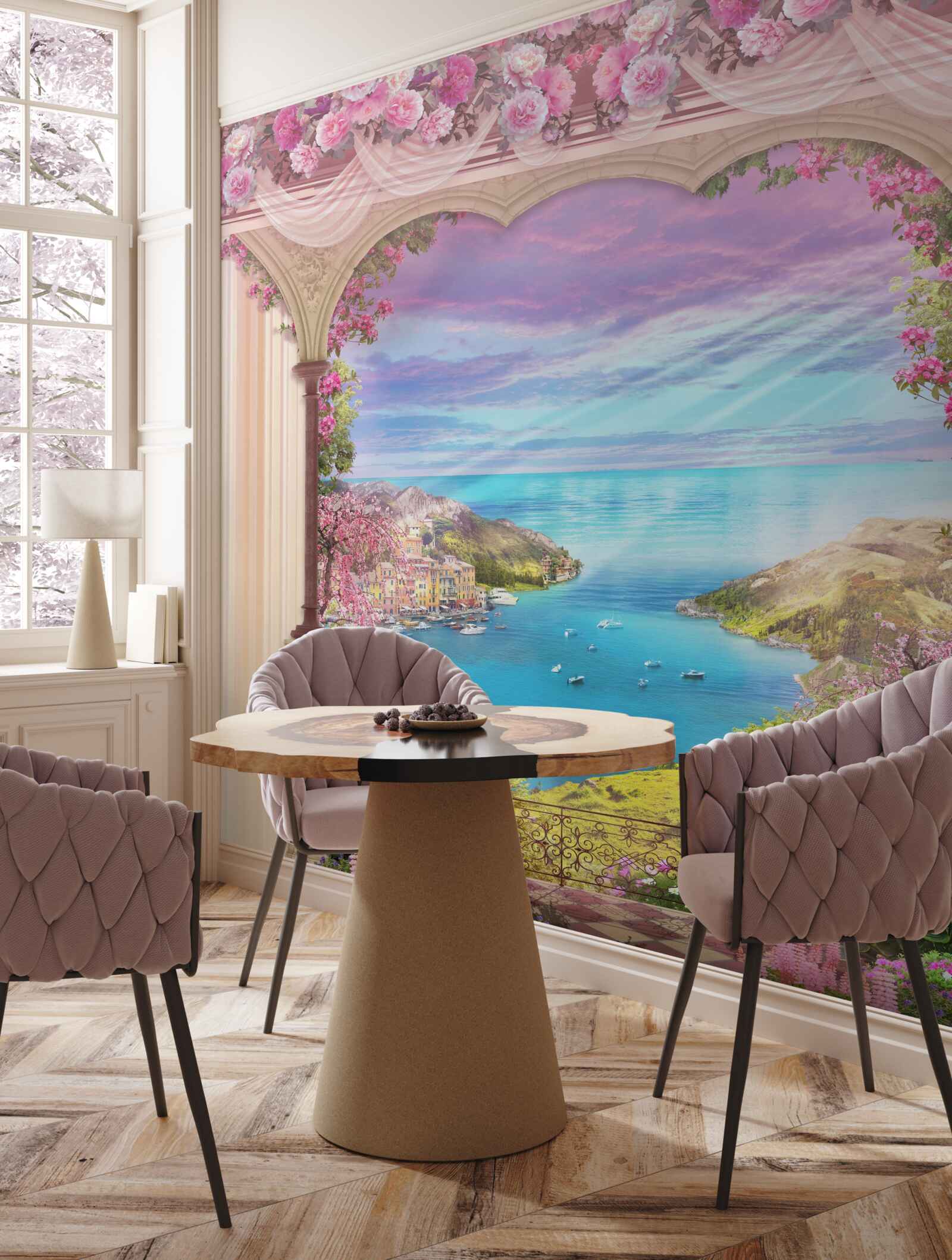 Фотошпалери арка, прикрашена рожевими квітами