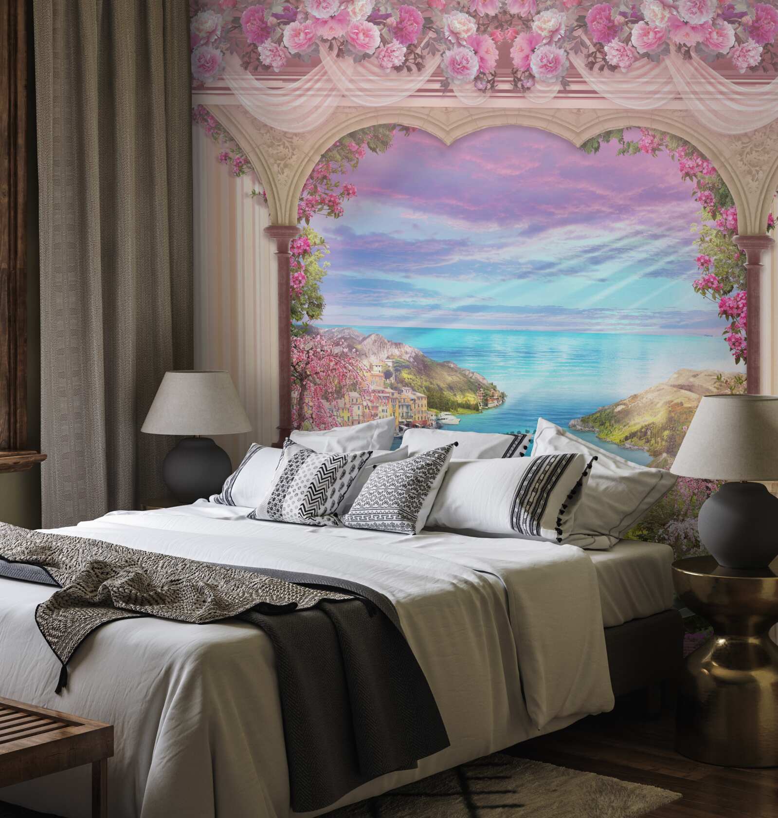 Фотошпалери арка, прикрашена рожевими квітами