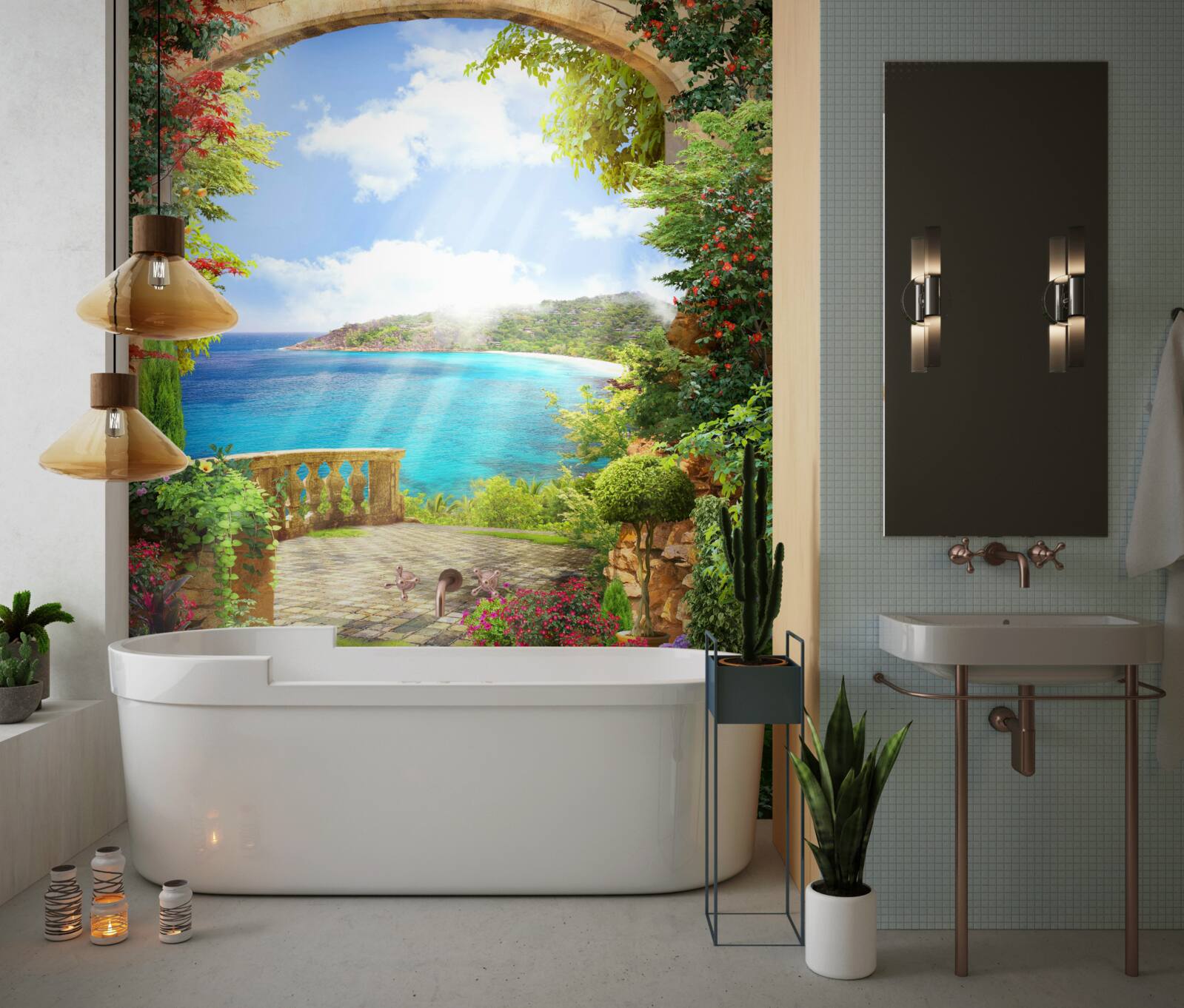 Фотошпалери доріжка до тераси з видом на море