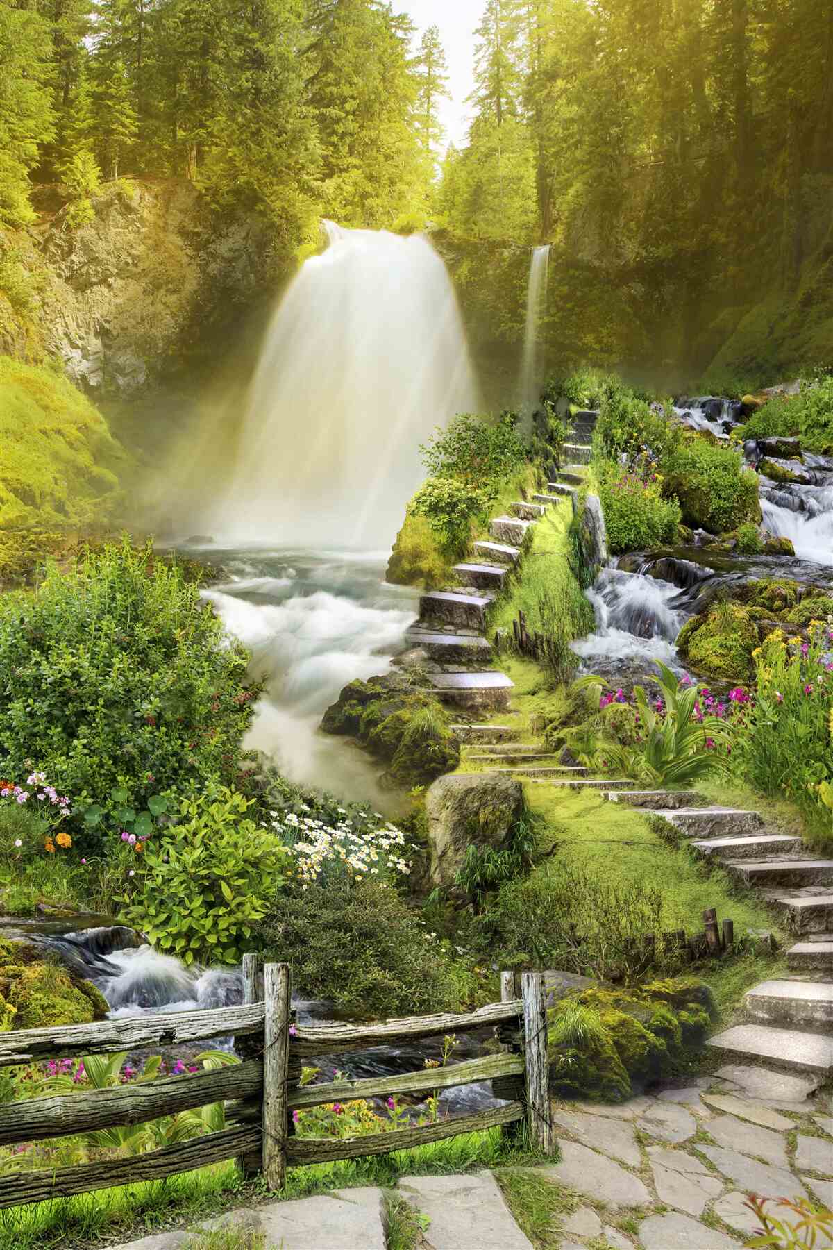 Фотошпалери стежка до водоспаду, оточена зеленню