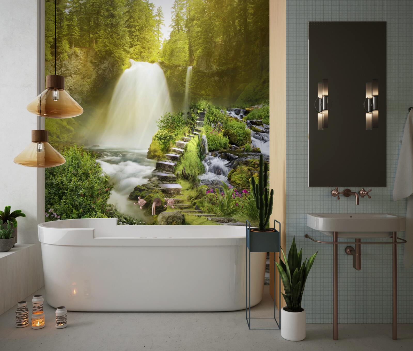 Фотошпалери стежка до водоспаду, оточена зеленню