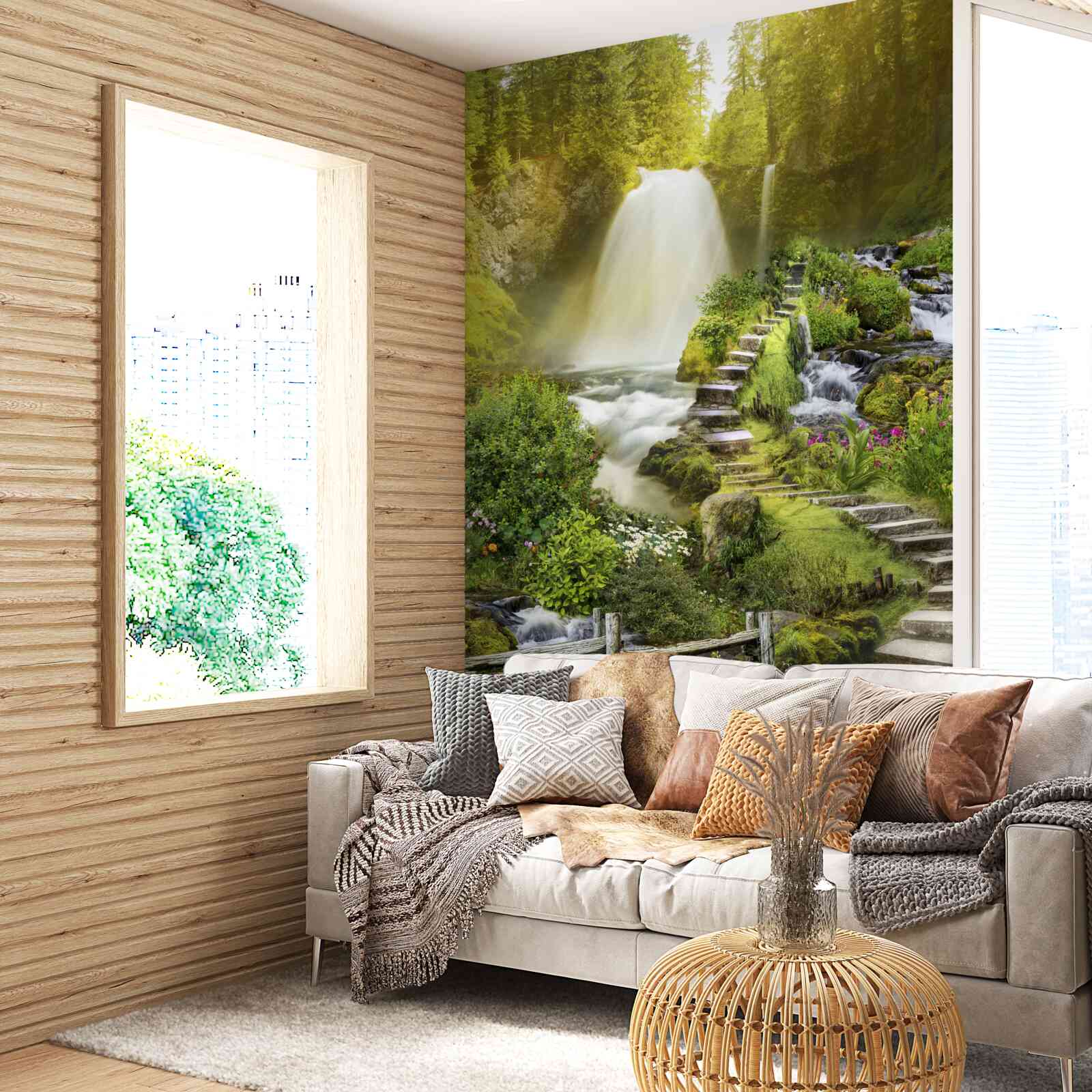 Фотошпалери стежка до водоспаду, оточена зеленню