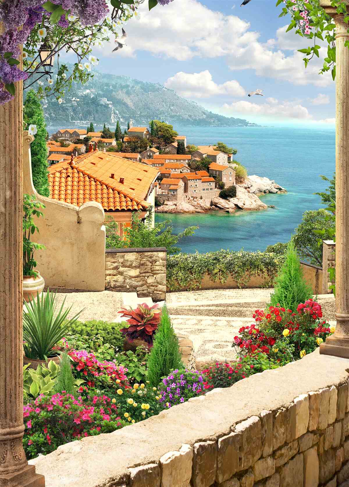 Фотошпалери затишний двір з видом на море