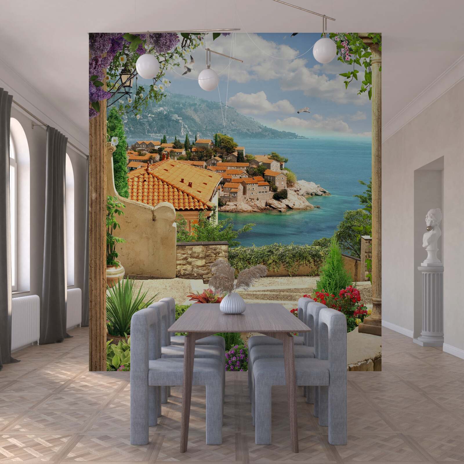 Фотошпалери затишний двір з видом на море