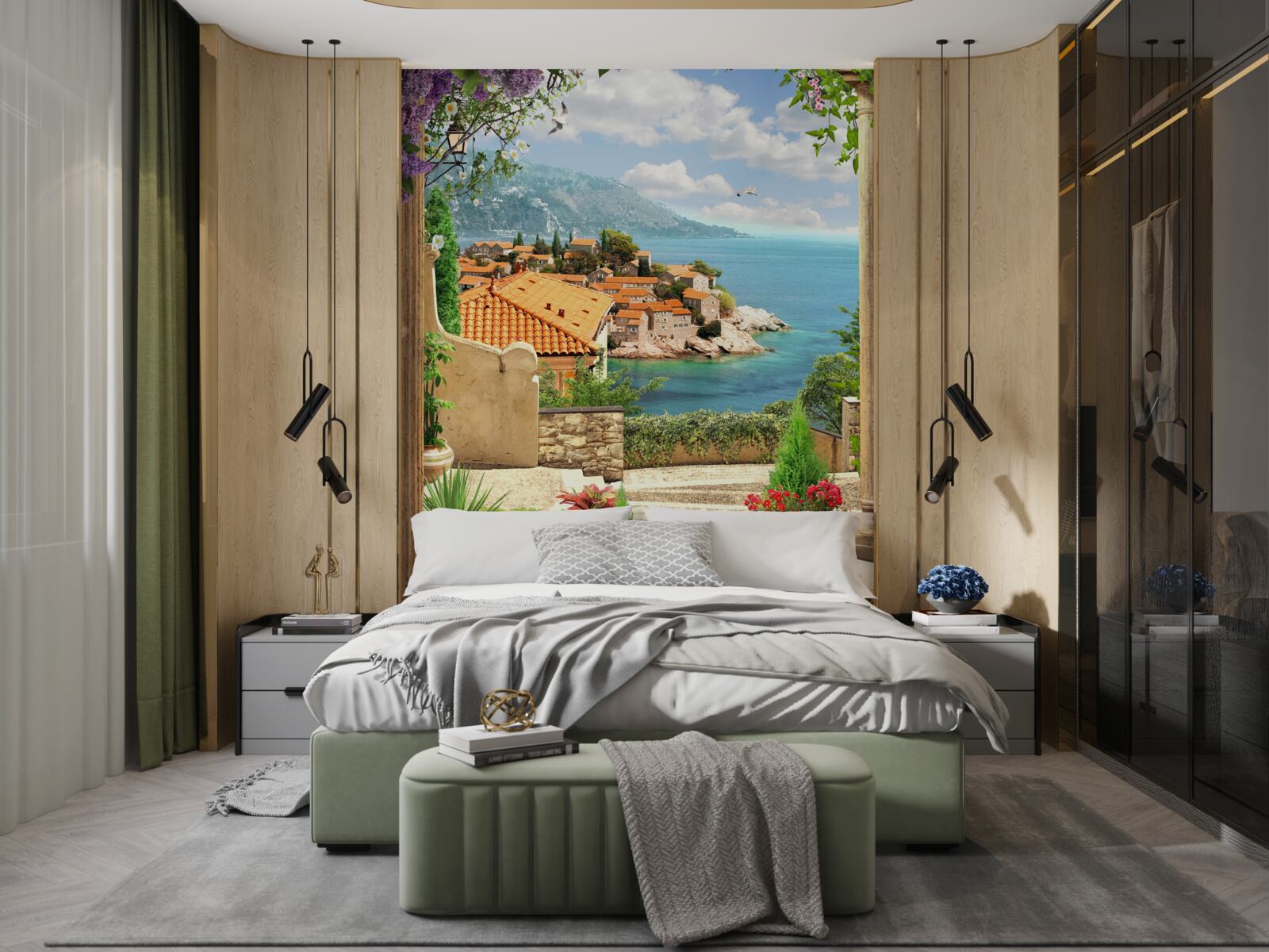 Фотошпалери затишний двір з видом на море