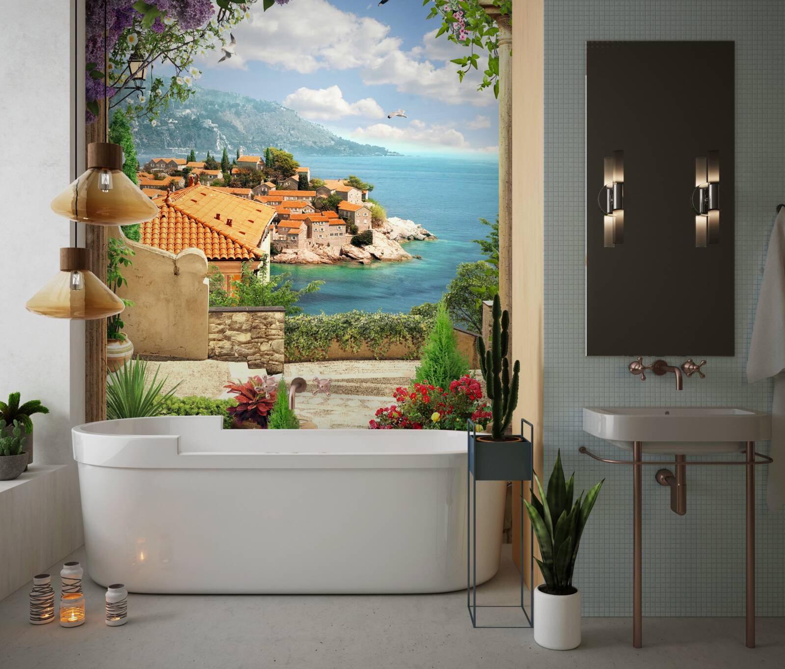 Фотошпалери затишний двір з видом на море