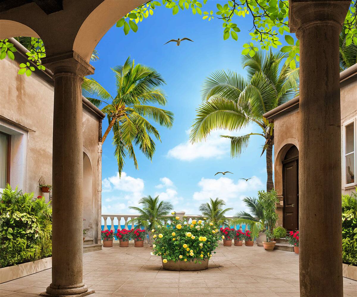 Фотошпалери тераса, прикрашена зеленими рослинами