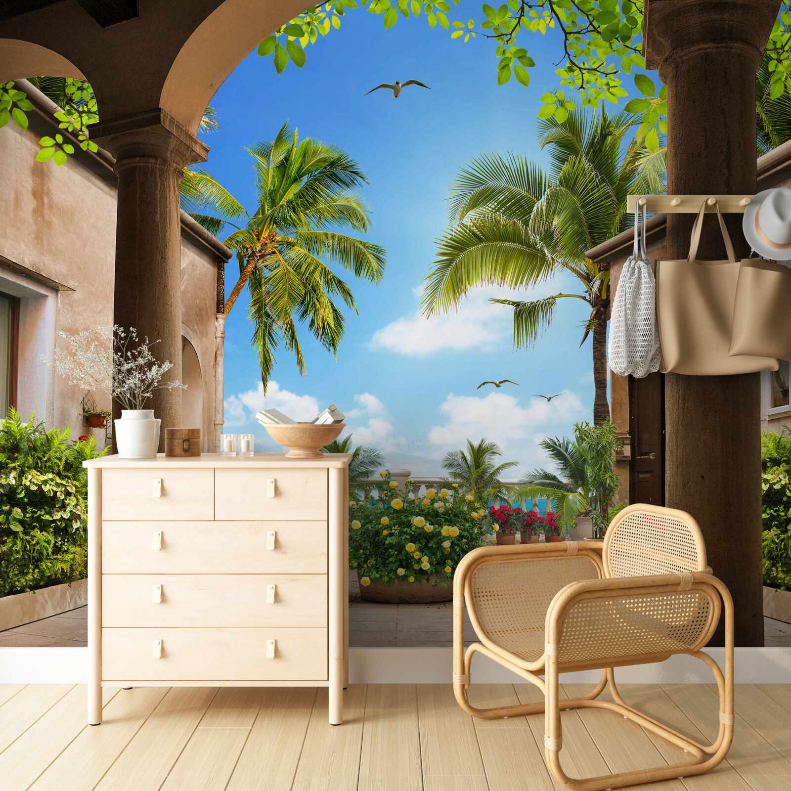 Фотошпалери тераса, прикрашена зеленими рослинами