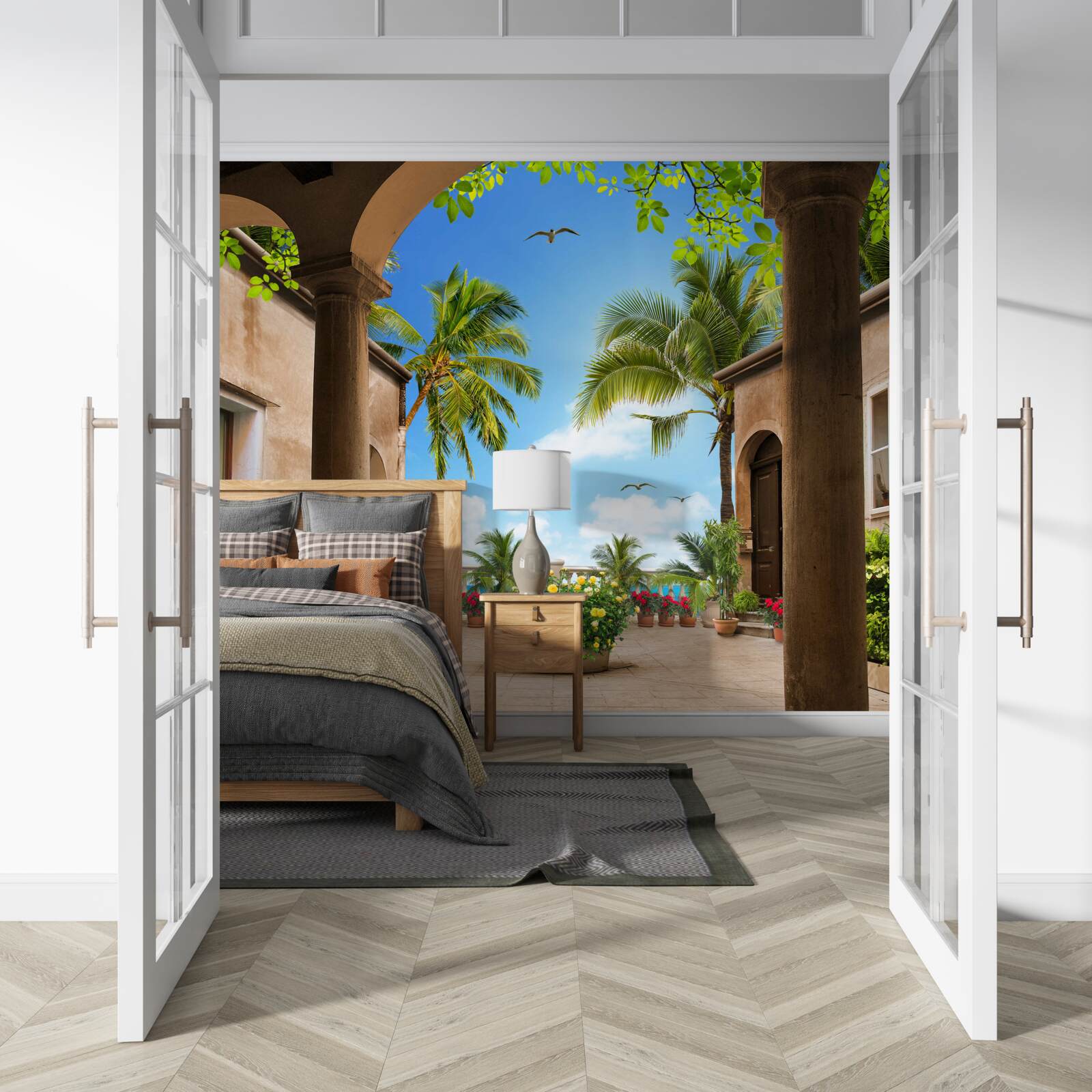 Фотошпалери тераса, прикрашена зеленими рослинами