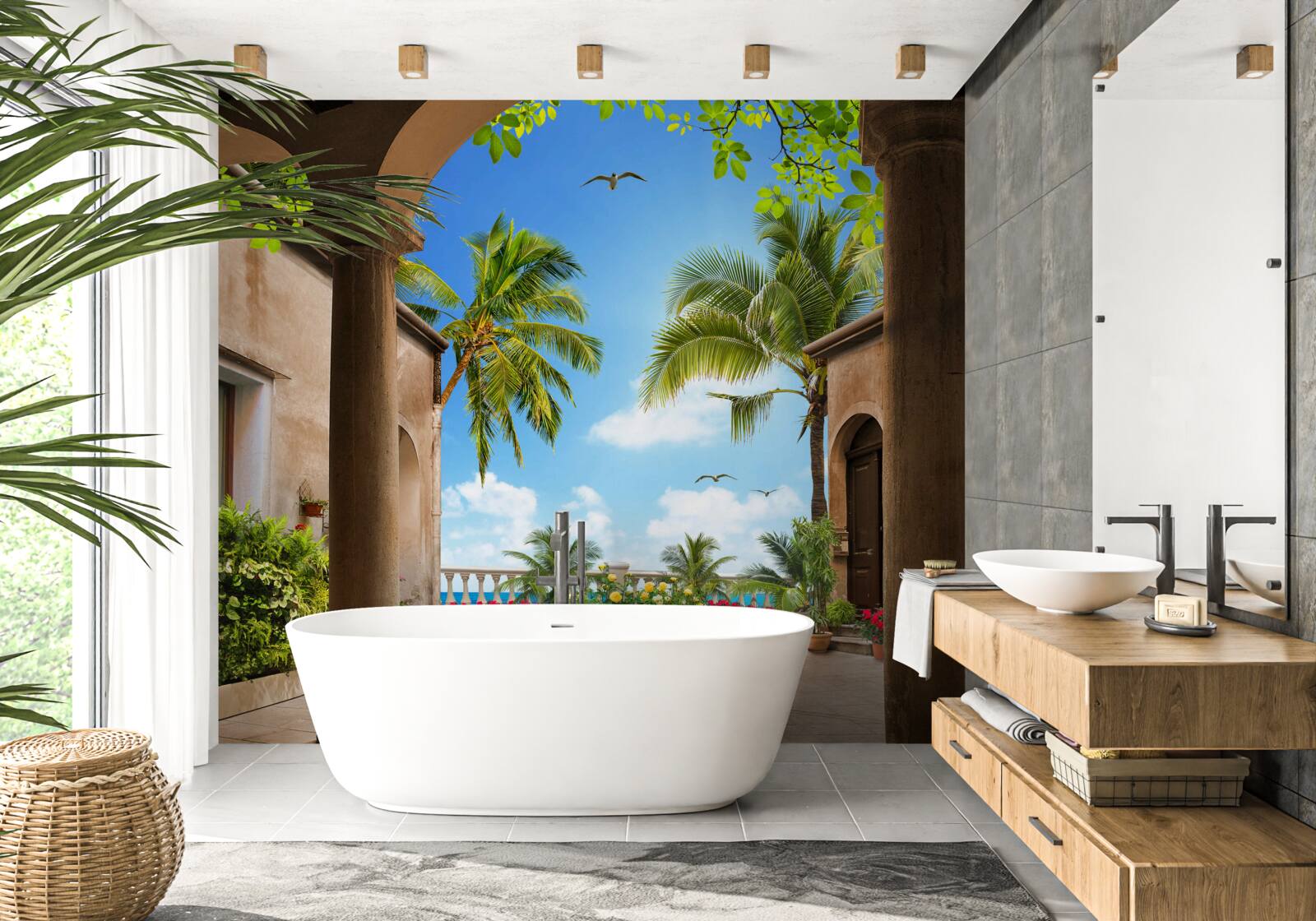 Фотошпалери тераса, прикрашена зеленими рослинами