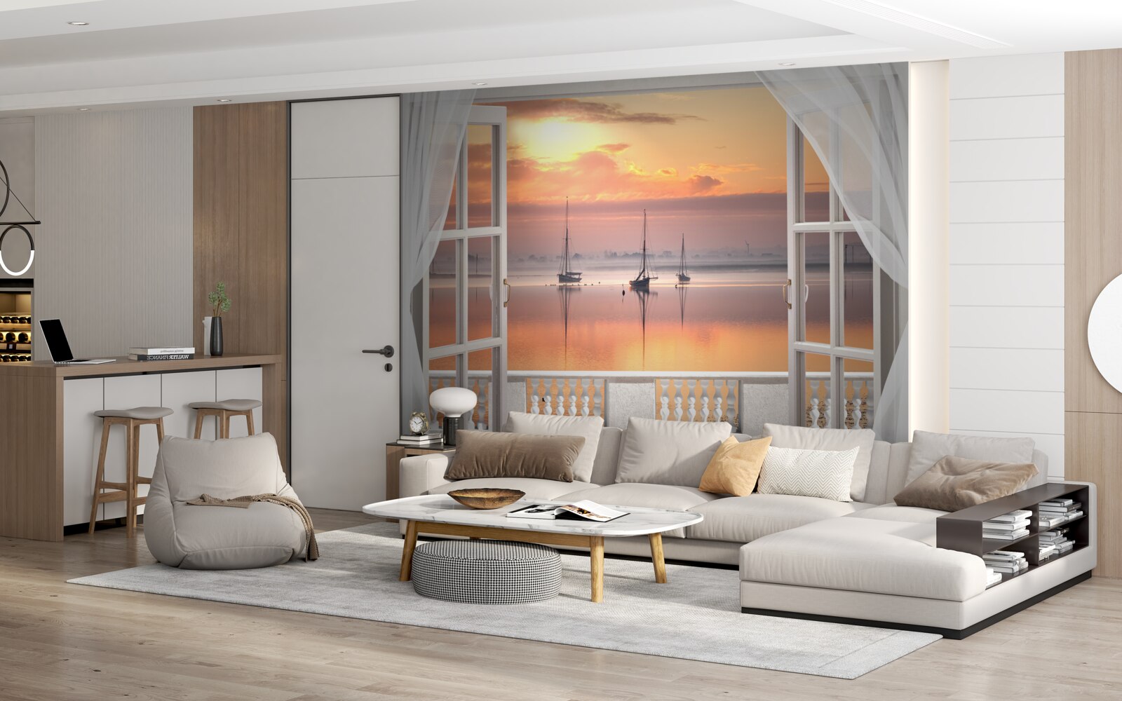 Фотошпалери пейзаж заходу сонця з білосніжного балкона