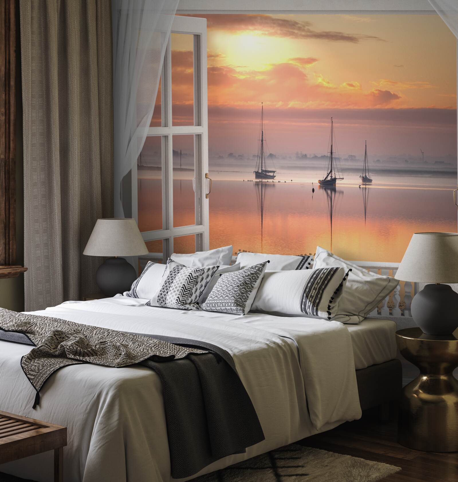 Фотошпалери пейзаж заходу сонця з білосніжного балкона