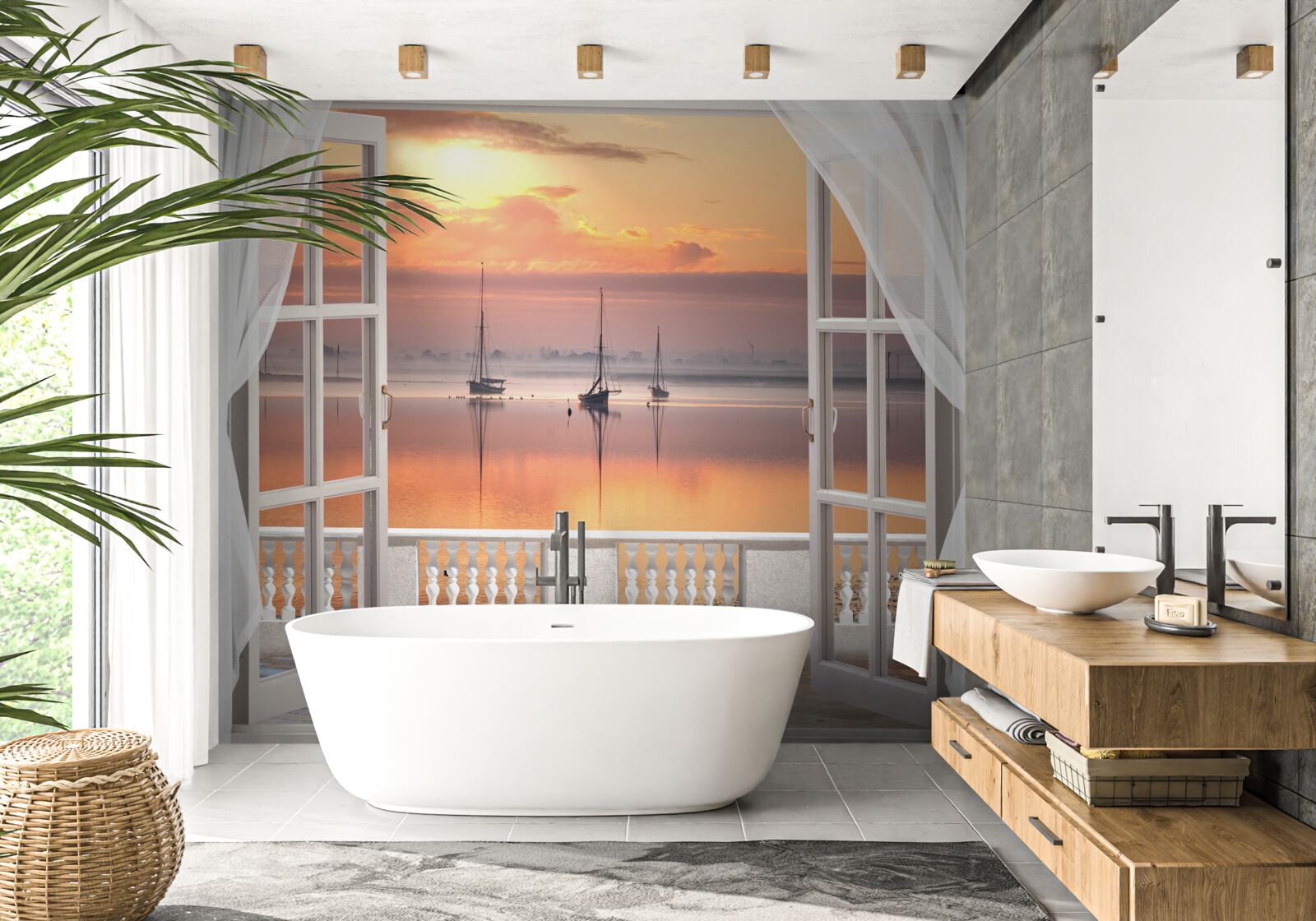 Фотошпалери пейзаж заходу сонця з білосніжного балкона