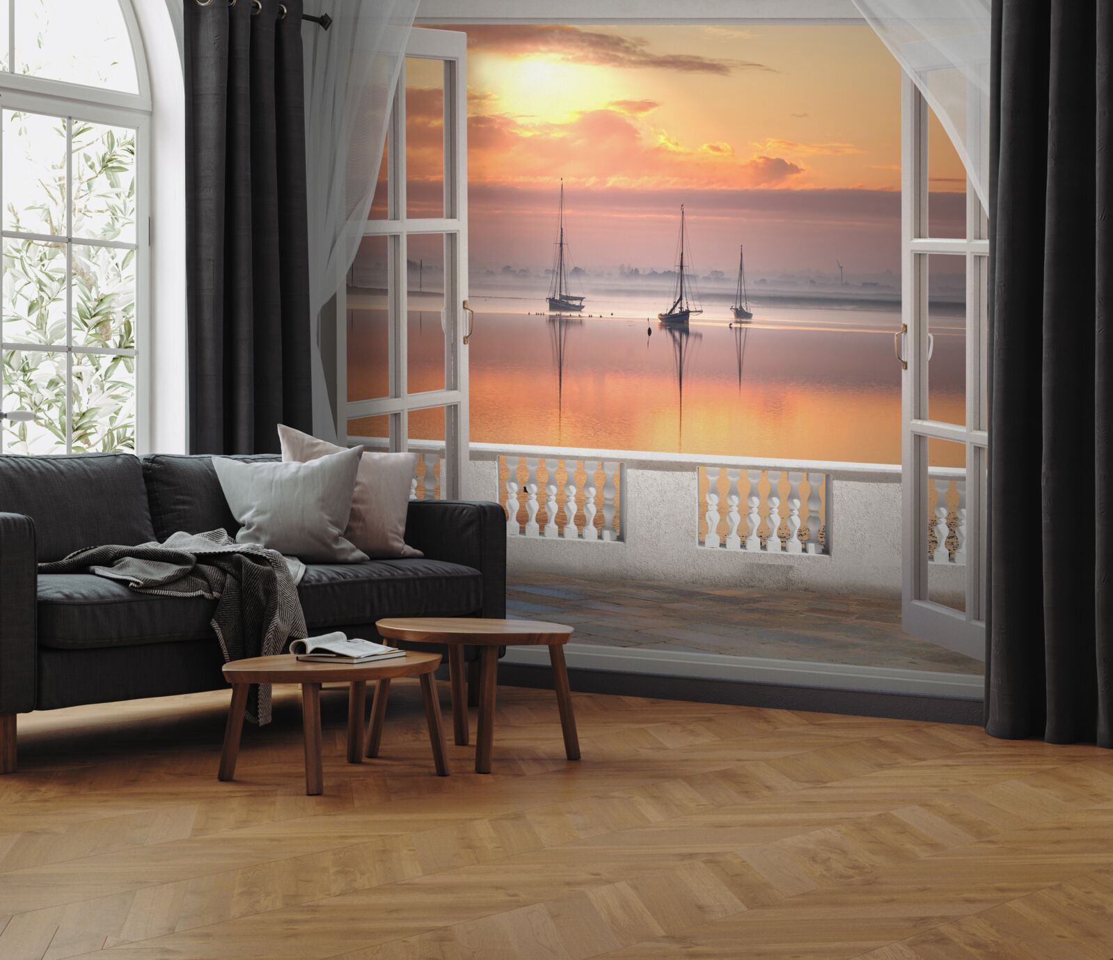 Фотошпалери пейзаж заходу сонця з білосніжного балкона