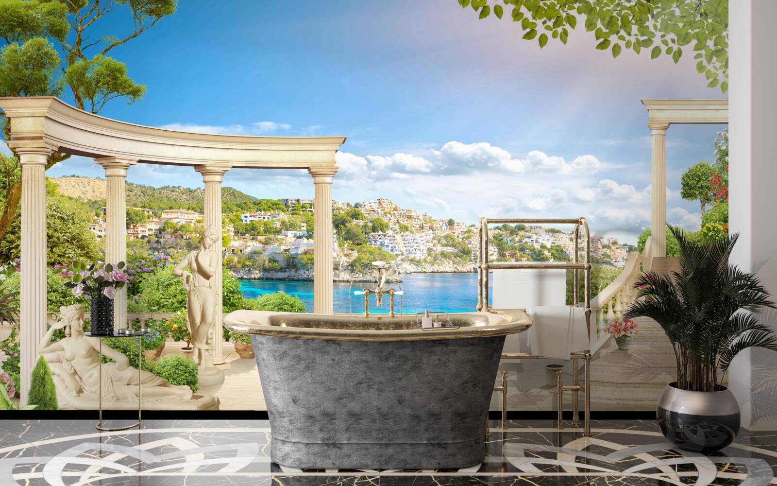 Фотошпалери статуя та арки на тлі води