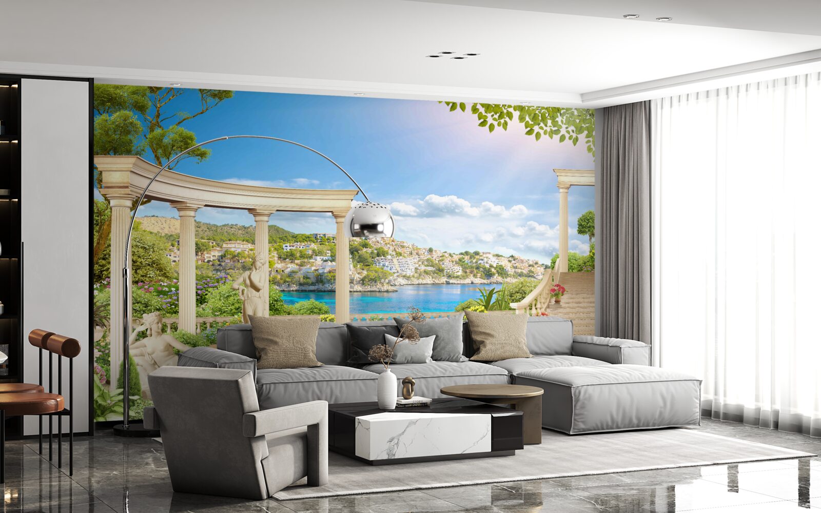 Фотошпалери статуя та арки на тлі води