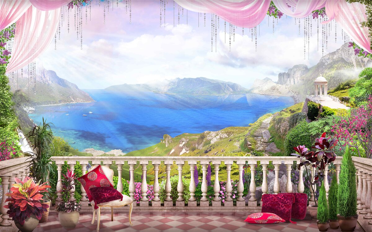 Фотошпалери тераса з видом на гори