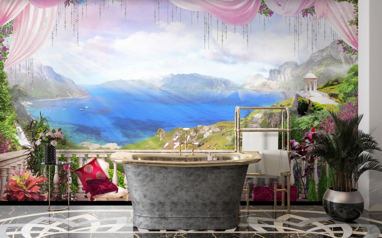 Фотошпалери тераса з видом на гори