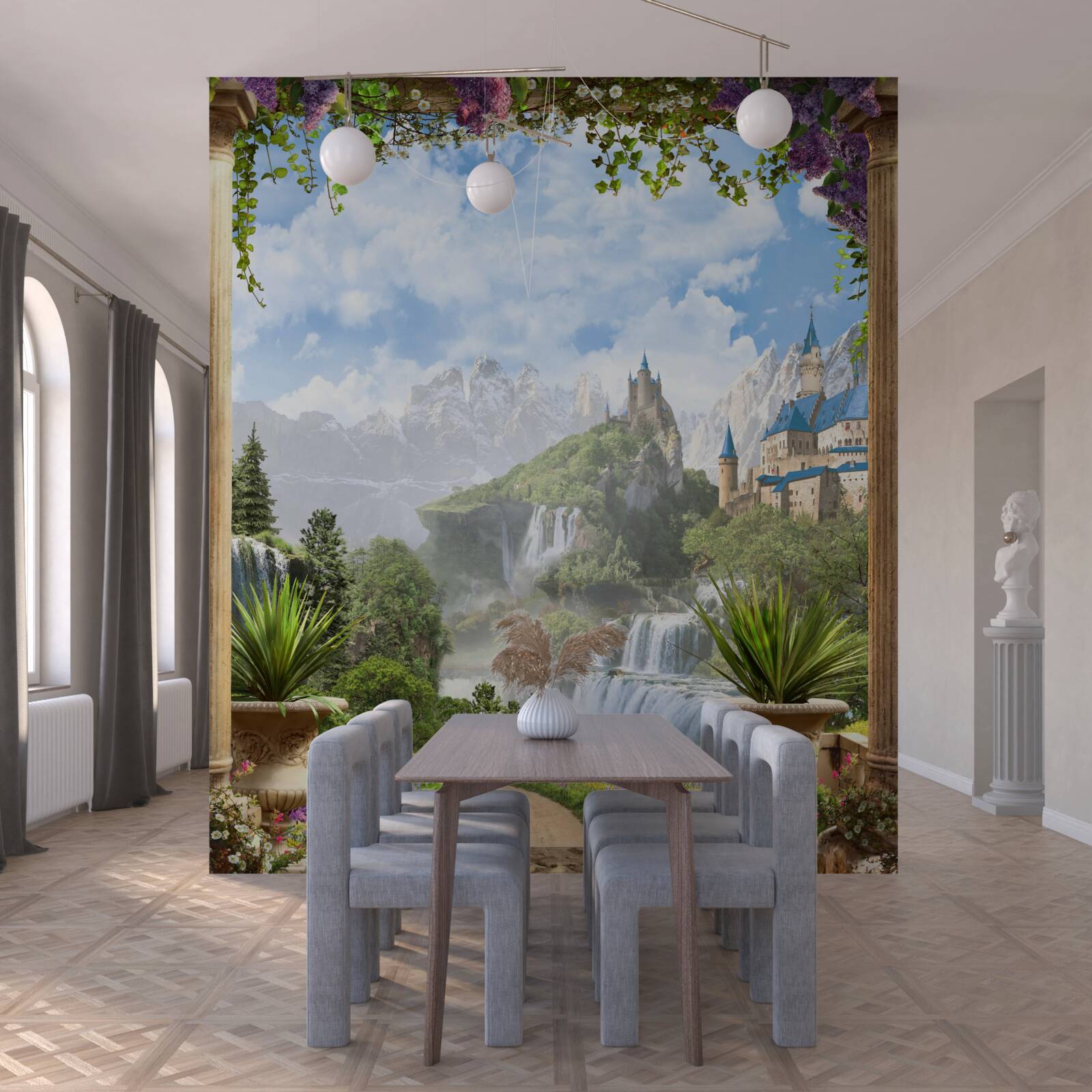 Фотошпалери майданчик з видом на замок і водоспад